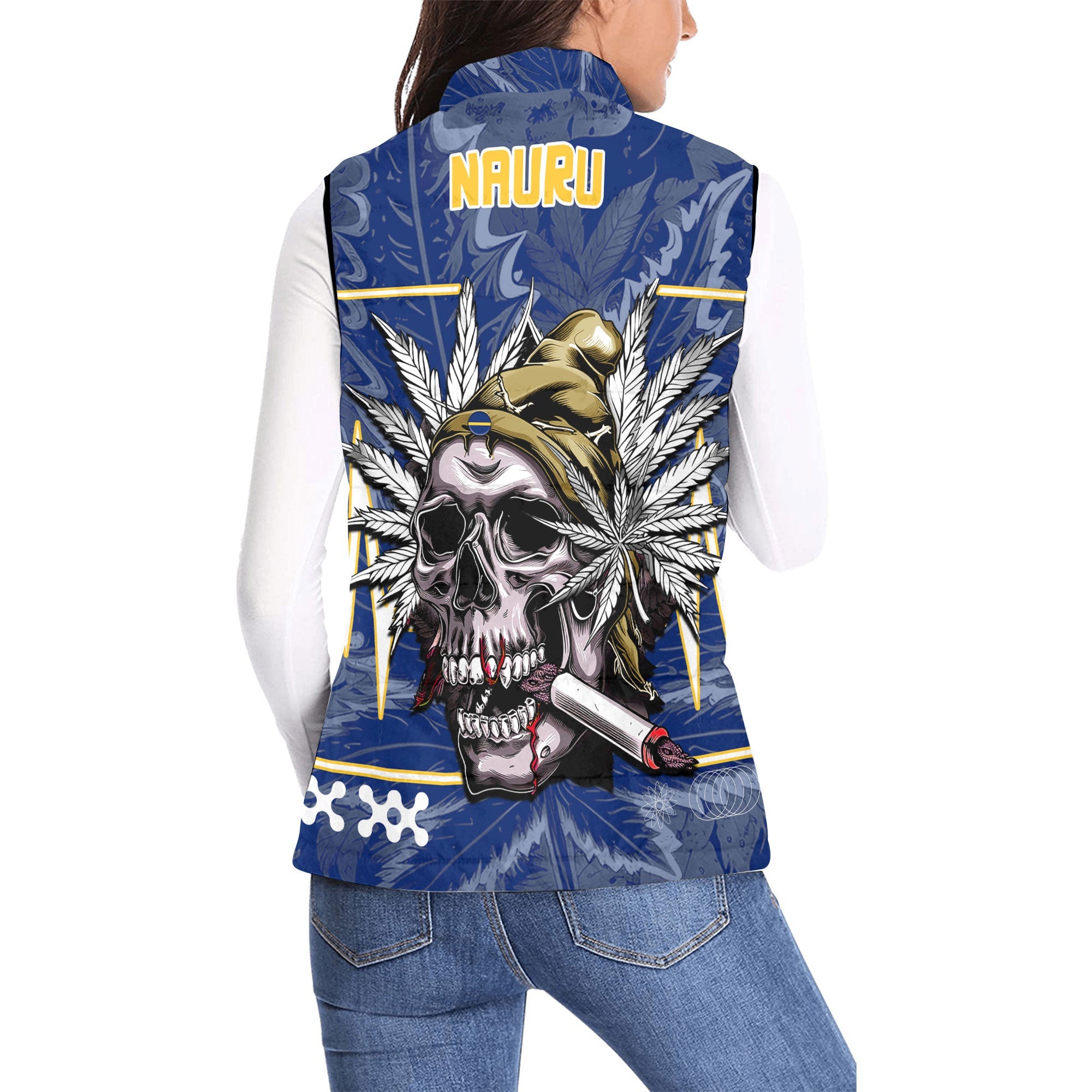 Nauru Women Padded Jacket Vest Flag & Coat Of Arms Marijuanas Style