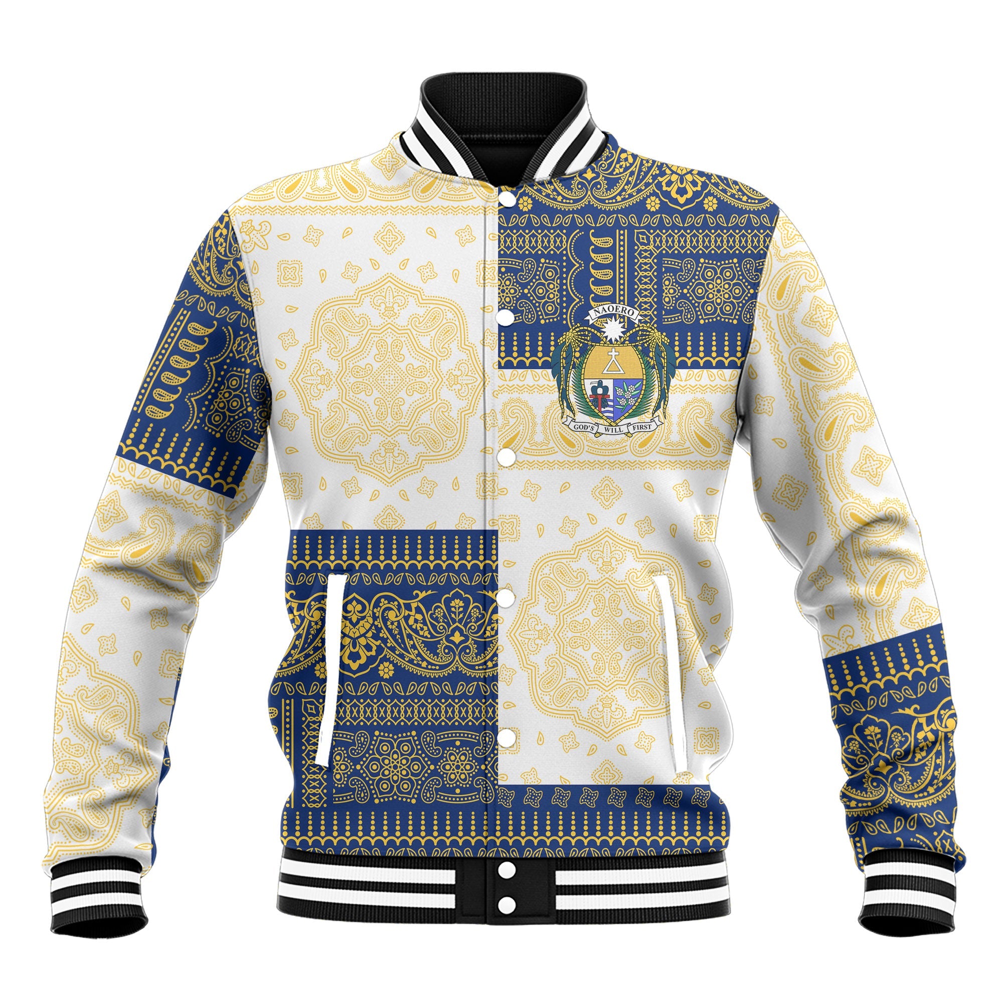 Nauru Baseball Jacket Flag And Paisley Basic Style 2