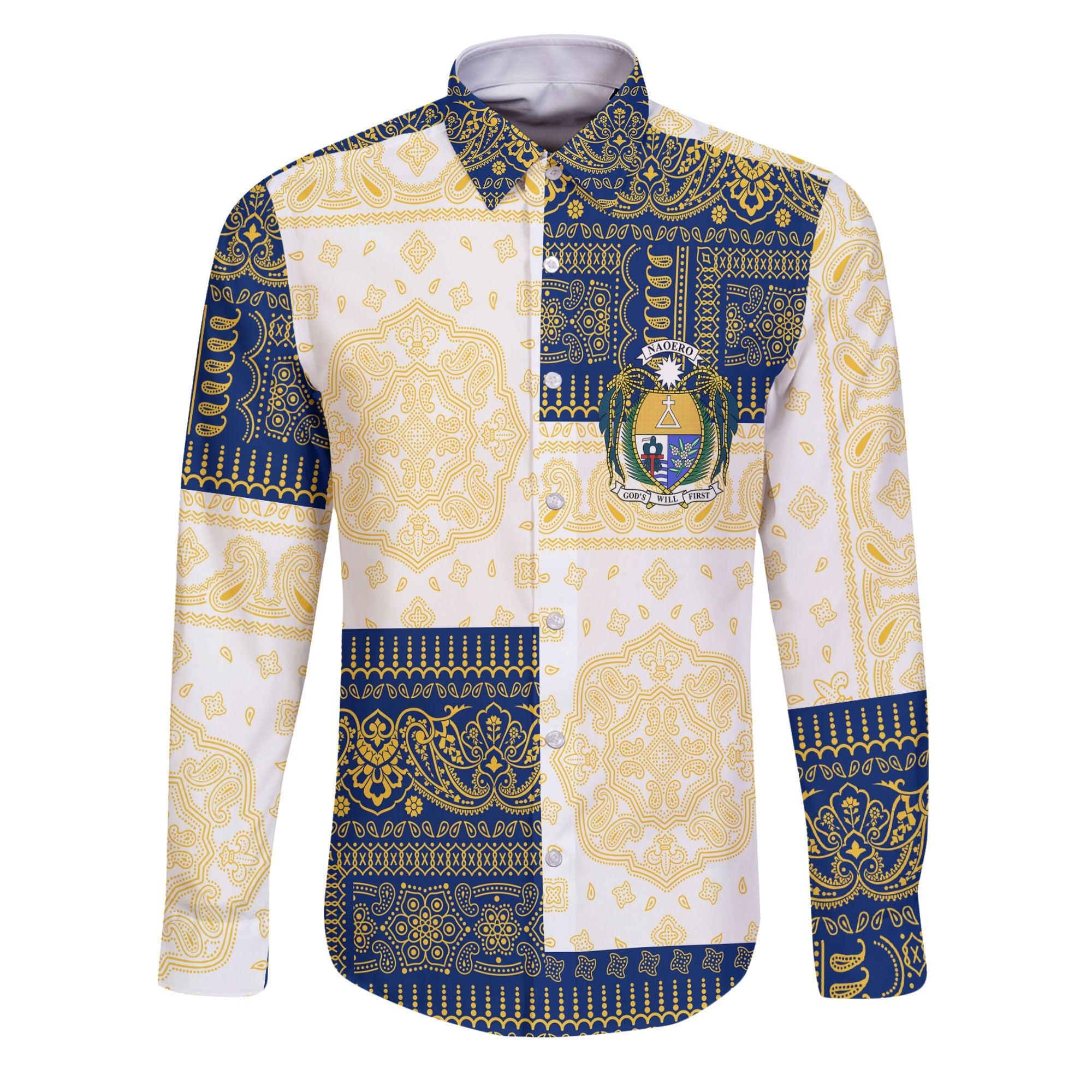 Nauru Long Sleeve Button Shirt Flag And Paisley Basic Style 1