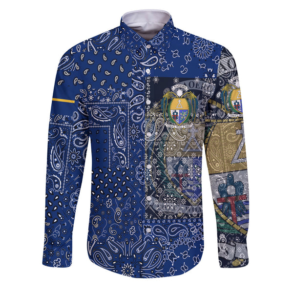 Nauru Long Sleeve Button Shirt Paisley Flag And Skull Style 1