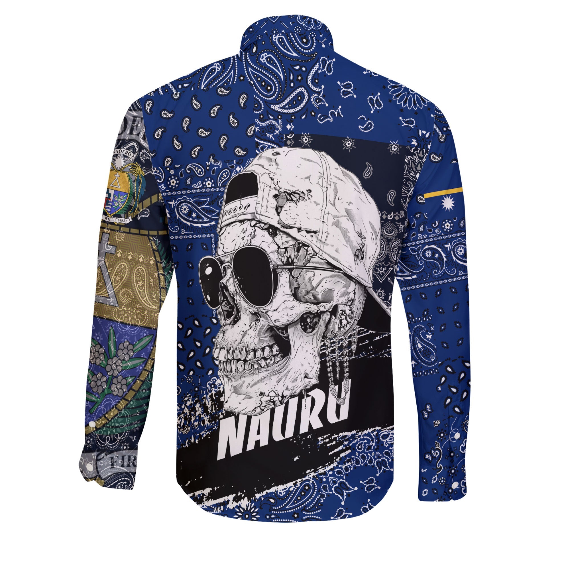 Nauru Long Sleeve Button Shirt Paisley Flag And Skull Style 2