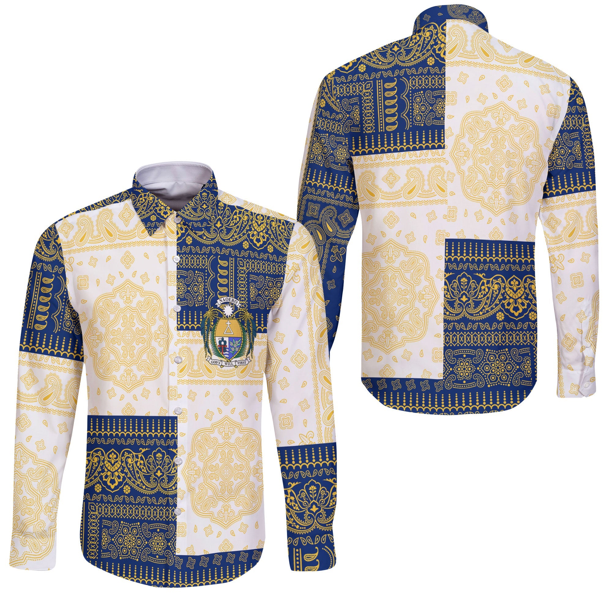 Nauru Long Sleeve Button Shirt Flag And Paisley Basic Style 3