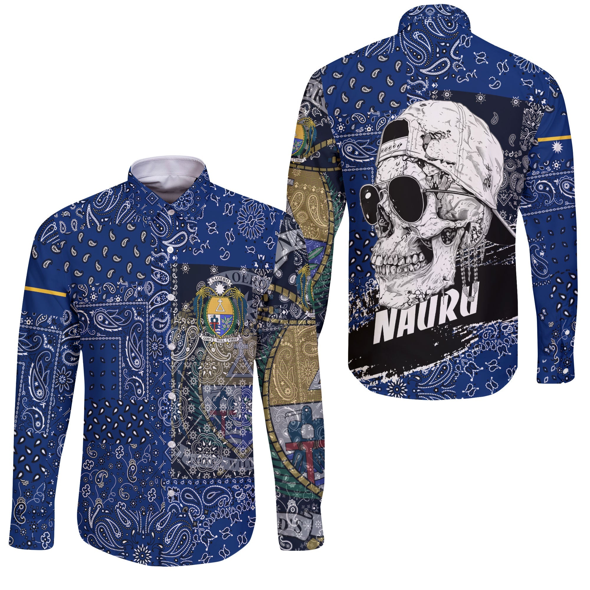 Nauru Long Sleeve Button Shirt Paisley Flag And Skull Style 3