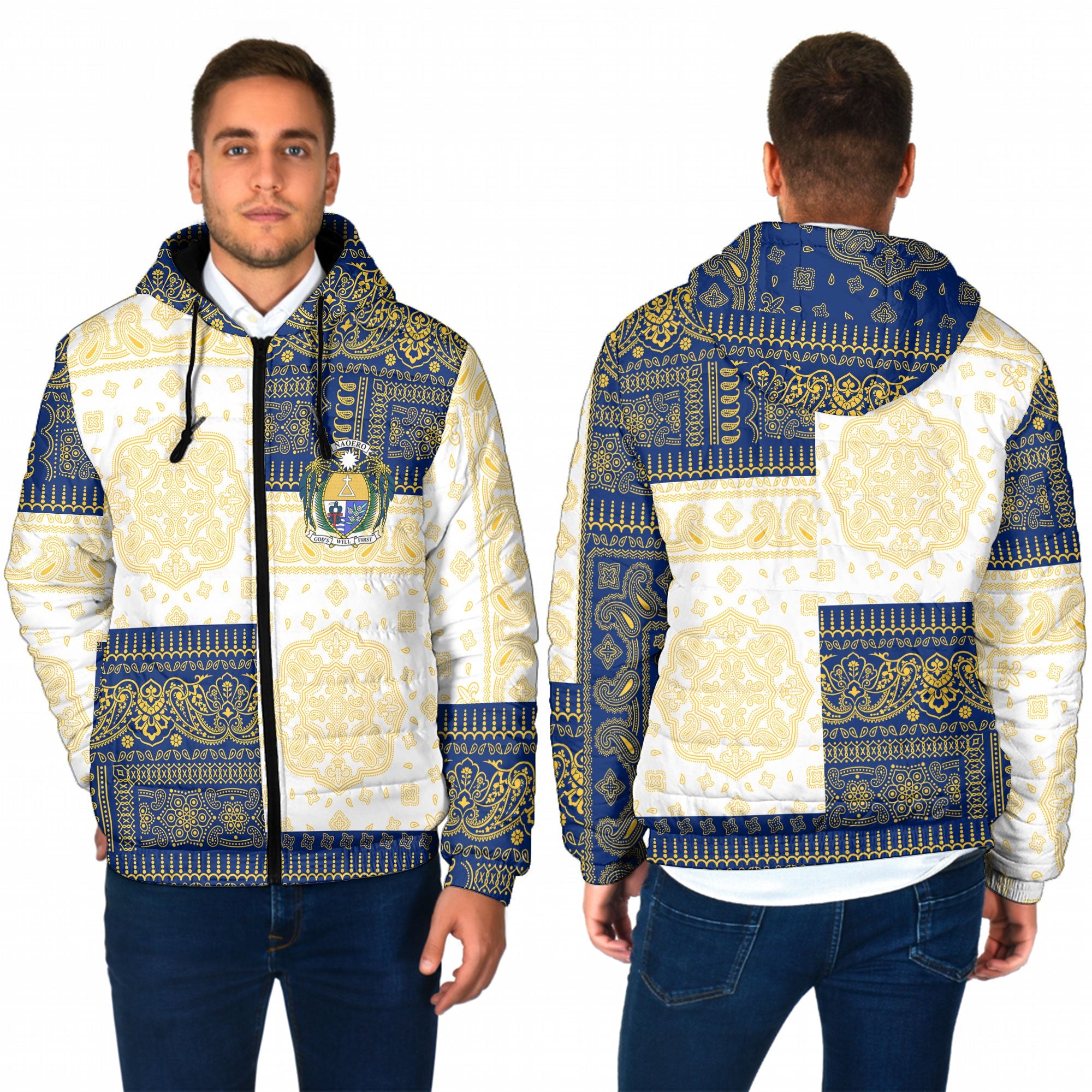 Nauru Men Hooded Padded Jacket Flag And Paisley Basic Style 1