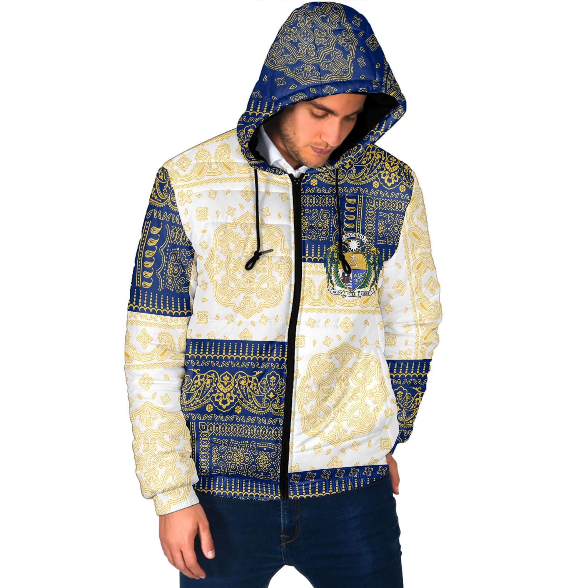 Nauru Men Hooded Padded Jacket Flag And Paisley Basic Style 2