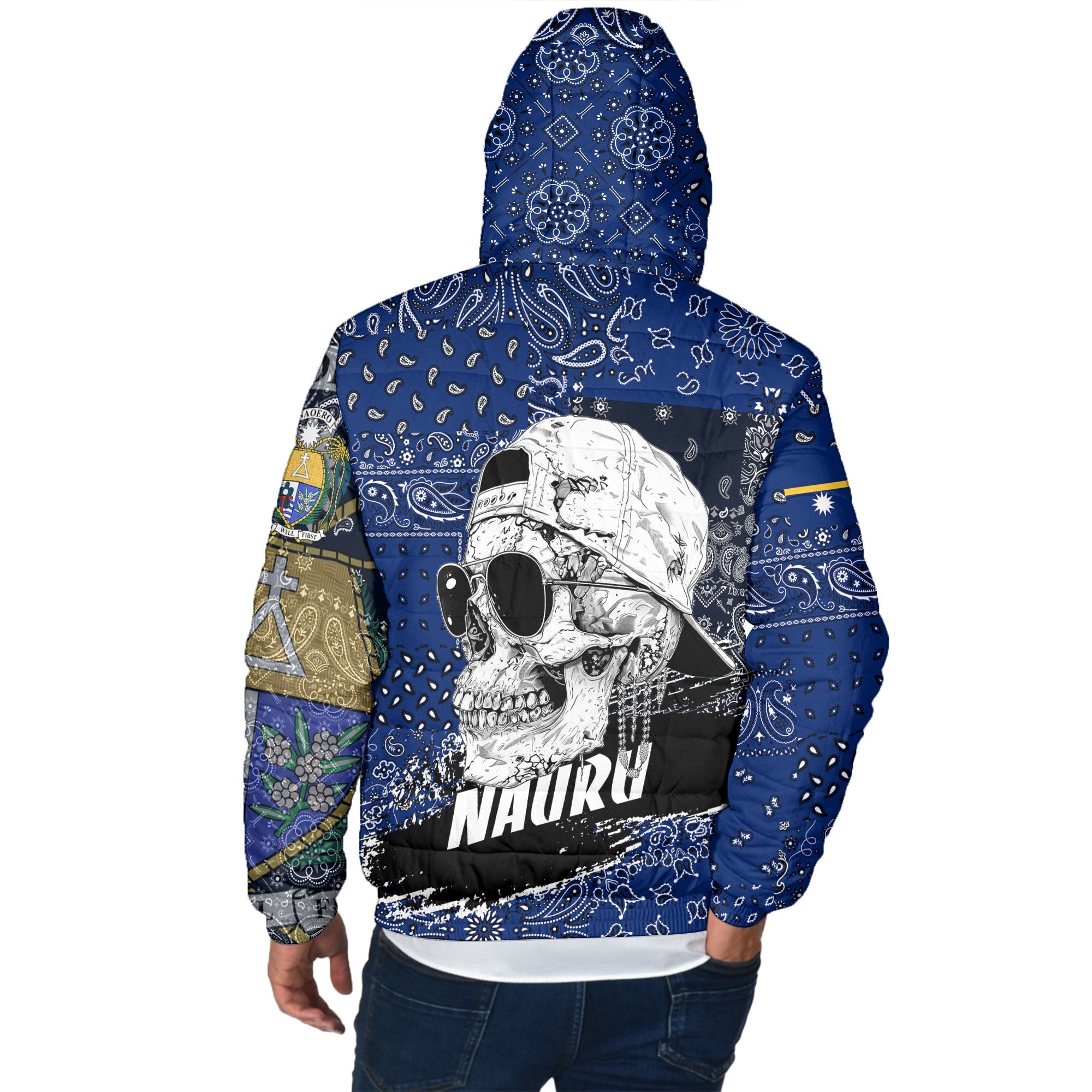 Nauru Men Hooded Padded Jacket Paisley Flag And Skull Style 3