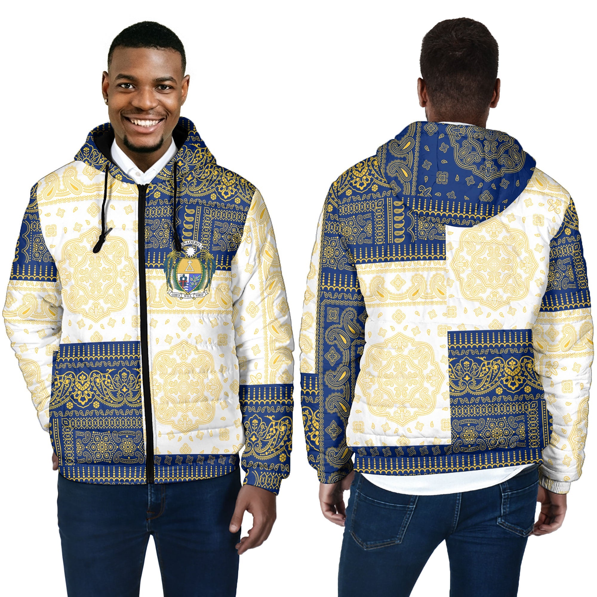 Nauru Men Hooded Padded Jacket Flag And Paisley Basic Style 4