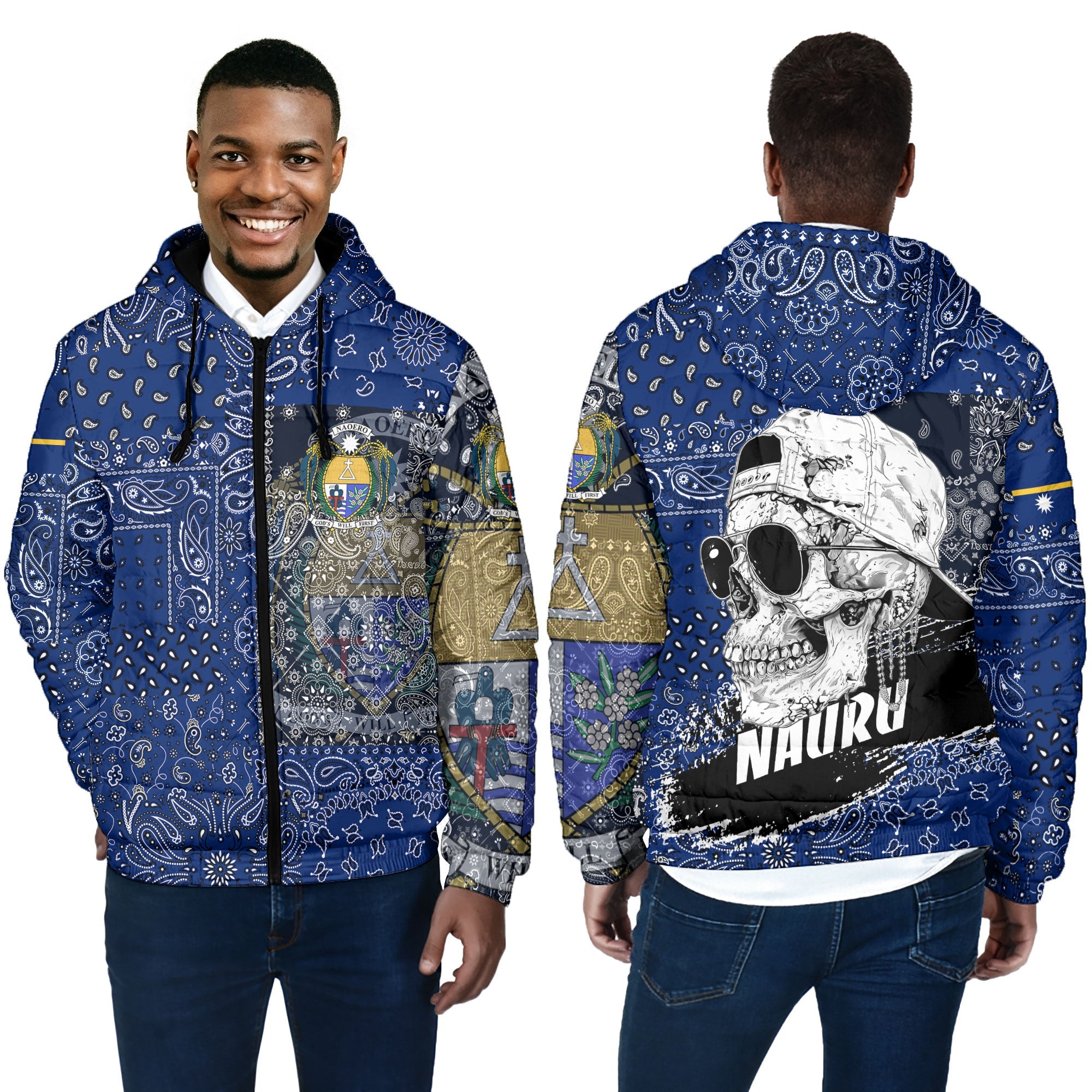 Nauru Men Hooded Padded Jacket Paisley Flag And Skull Style 4