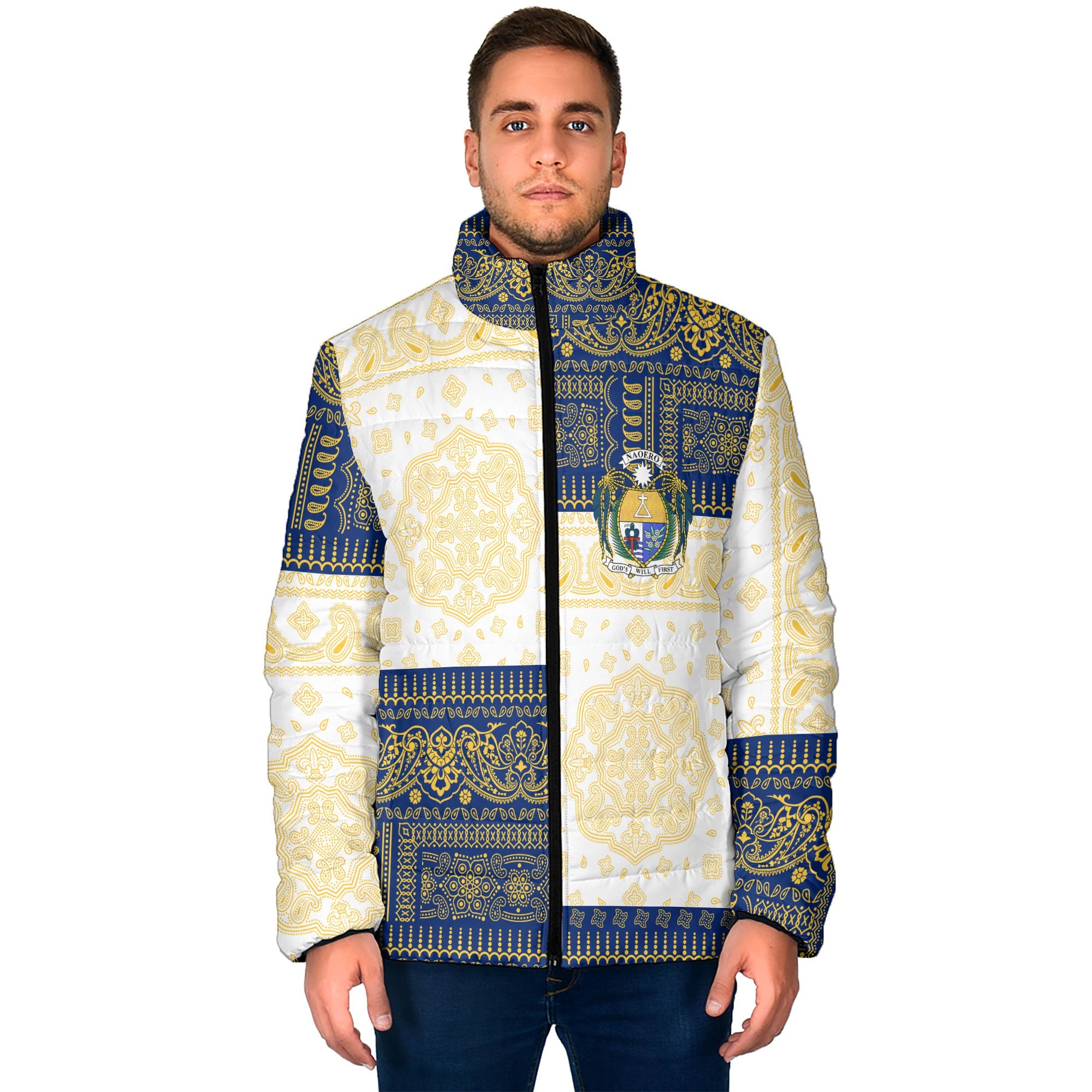 Nauru Men Padded Jacket Flag And Paisley Basic Style 1