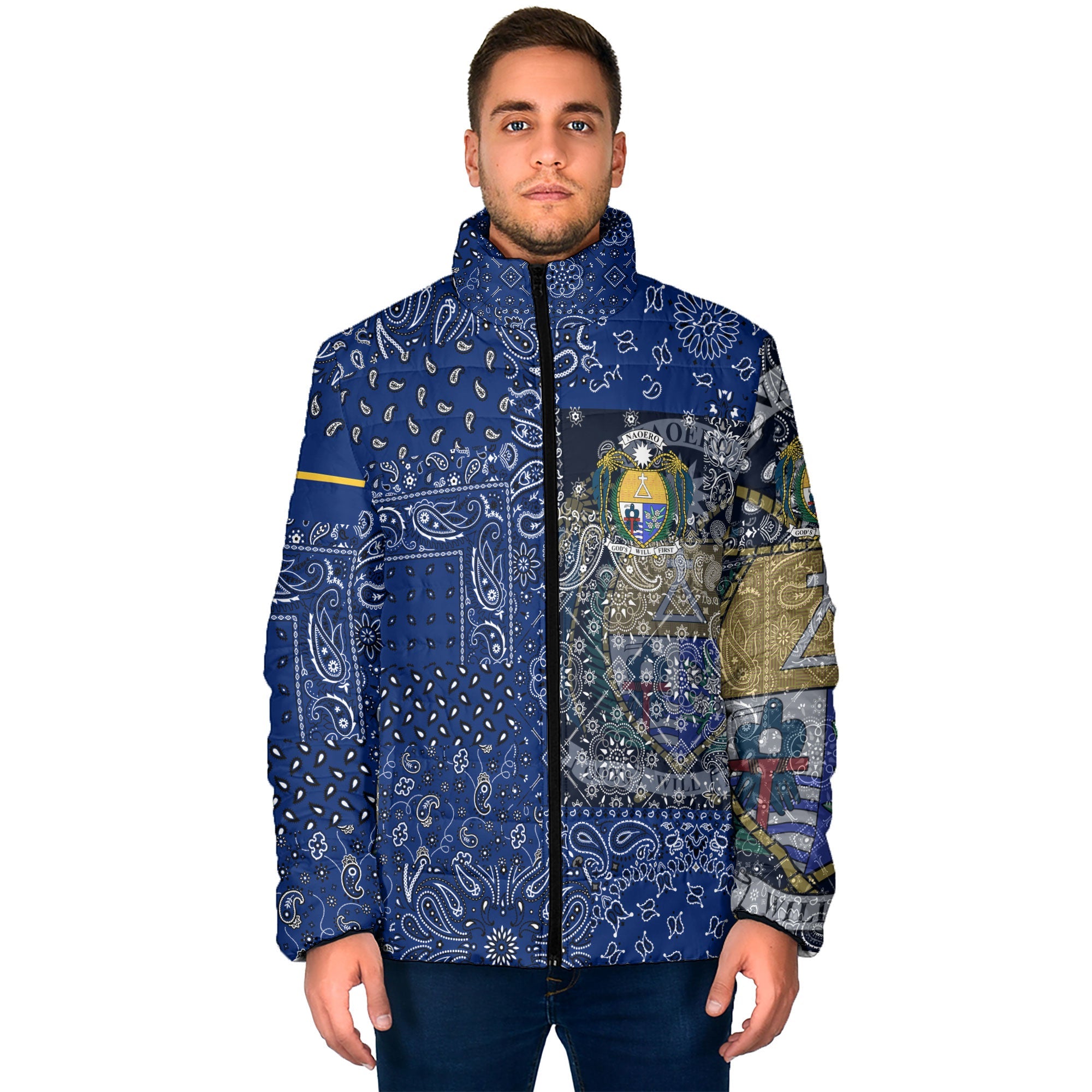 Nauru Men Padded Jacket Paisley Flag And Skull Style 1