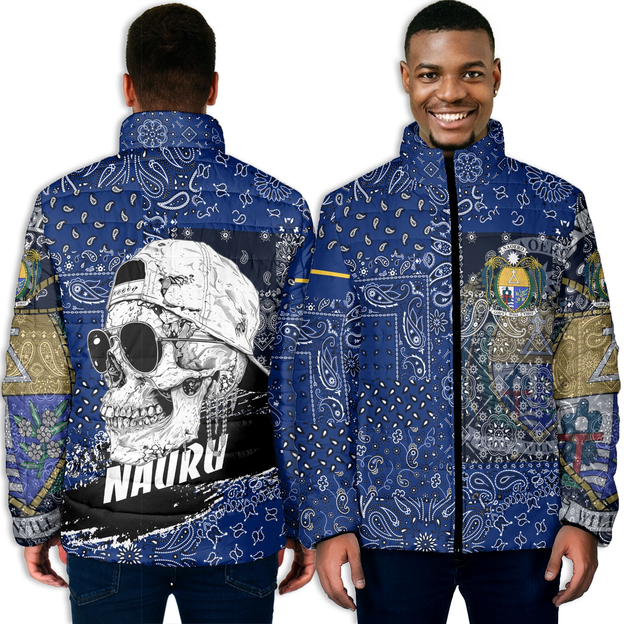 Nauru Men Padded Jacket Paisley Flag And Skull Style 3