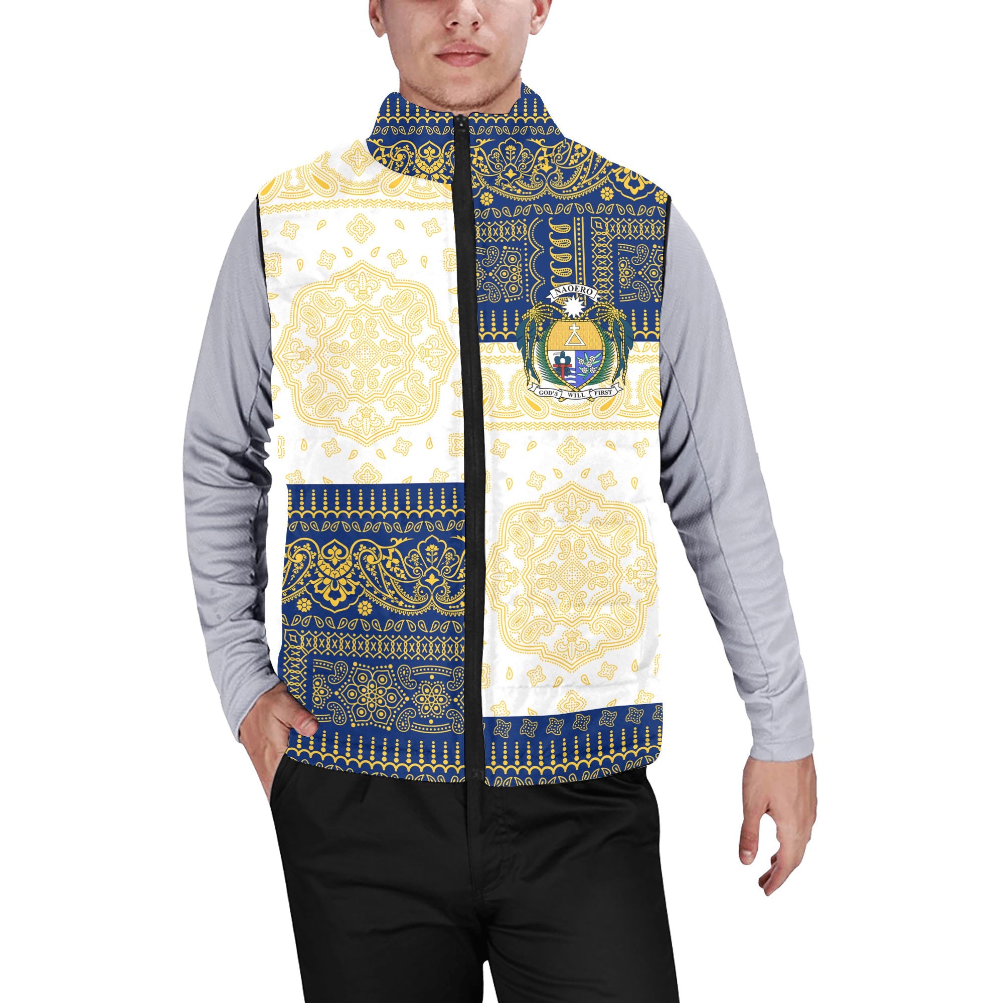 Nauru Men Padded Jacket Vest Flag And Paisley Basic Style 1