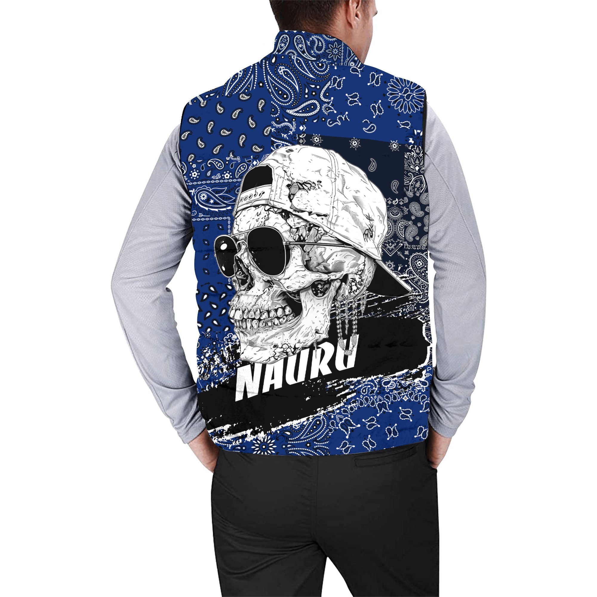 Nauru Men Padded Jacket Vest Paisley Flag And Skull Style 2