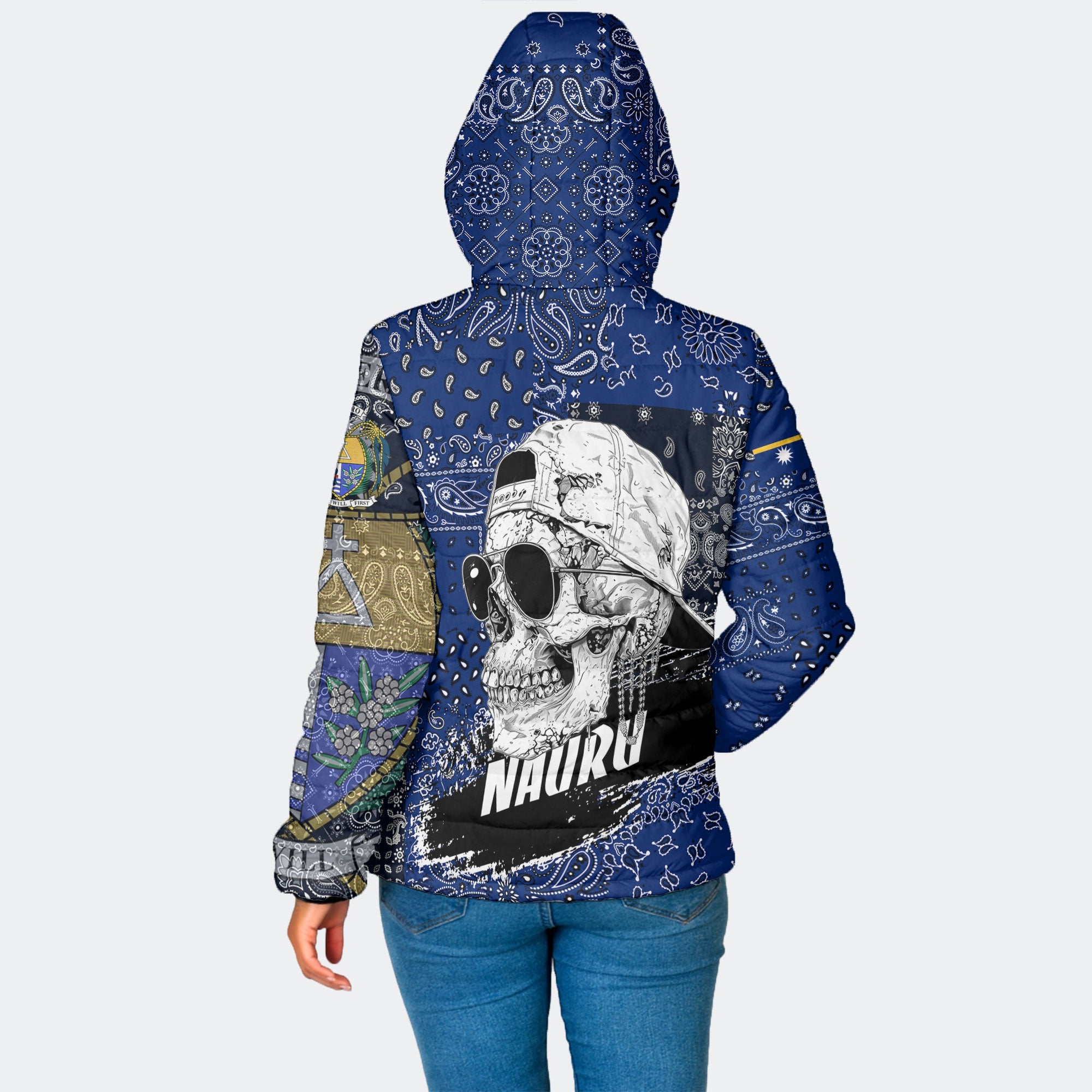 Nauru Women Hooded Padded Jacket Paisley Flag And Skull Style 2