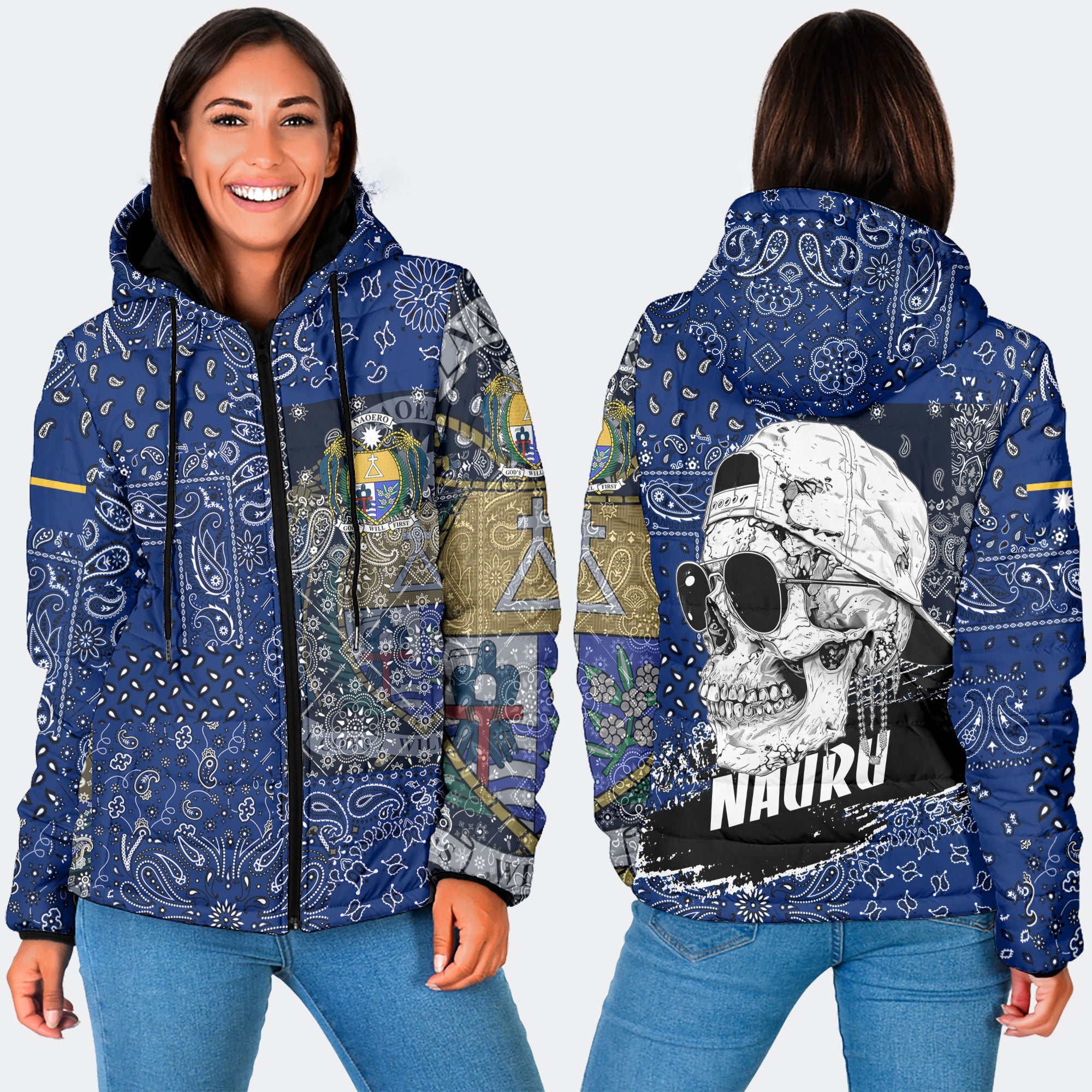 Nauru Women Hooded Padded Jacket Paisley Flag And Skull Style 3