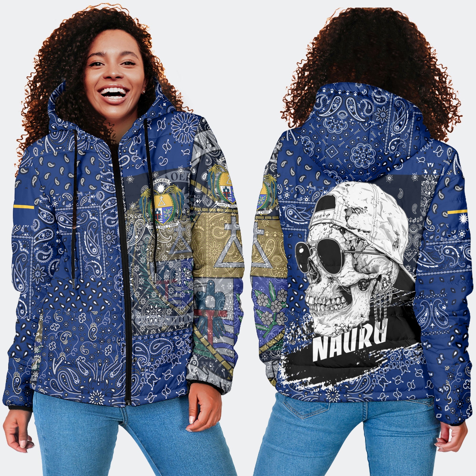 Nauru Women Hooded Padded Jacket Paisley Flag And Skull Style 4