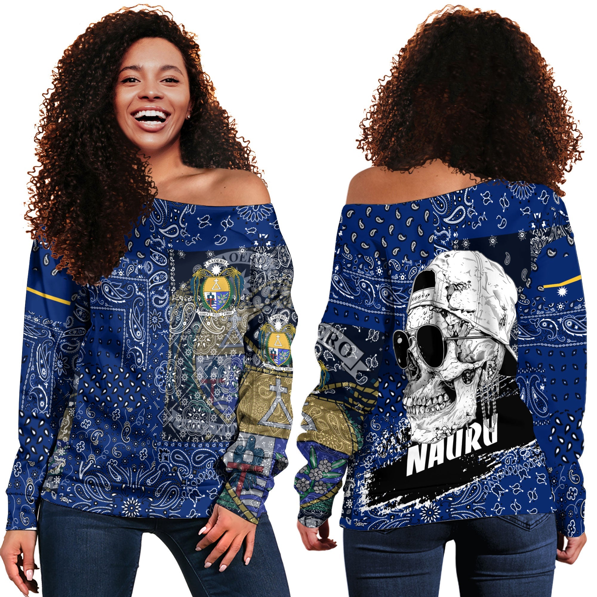 Nauru Women Off Shoulder Sweatshirt Paisley Flag And Skull Style 1