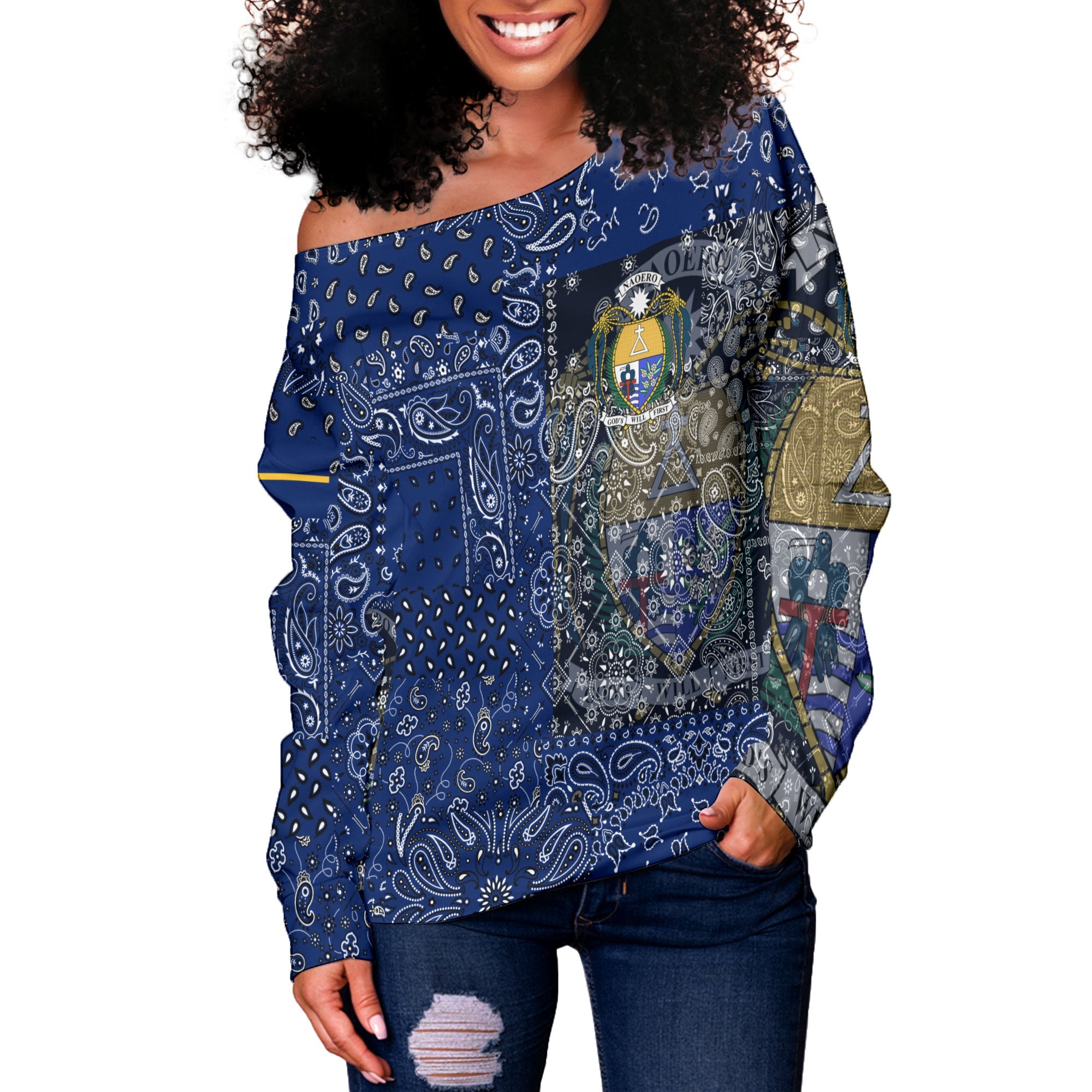 Nauru Women Off Shoulder Sweatshirt Paisley Flag And Skull Style 2