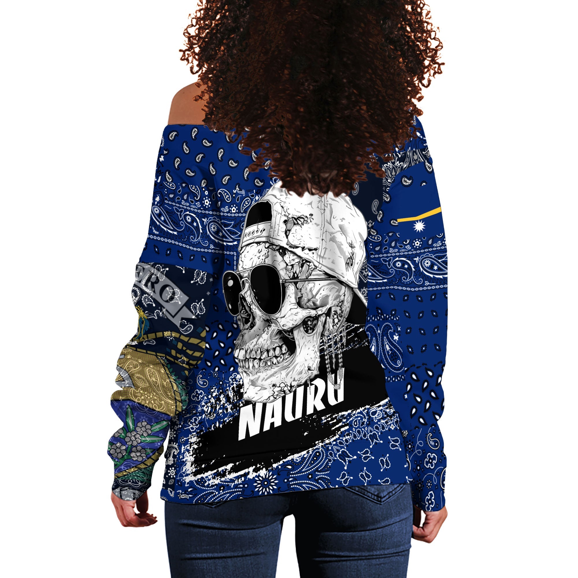 Nauru Women Off Shoulder Sweatshirt Paisley Flag And Skull Style 3