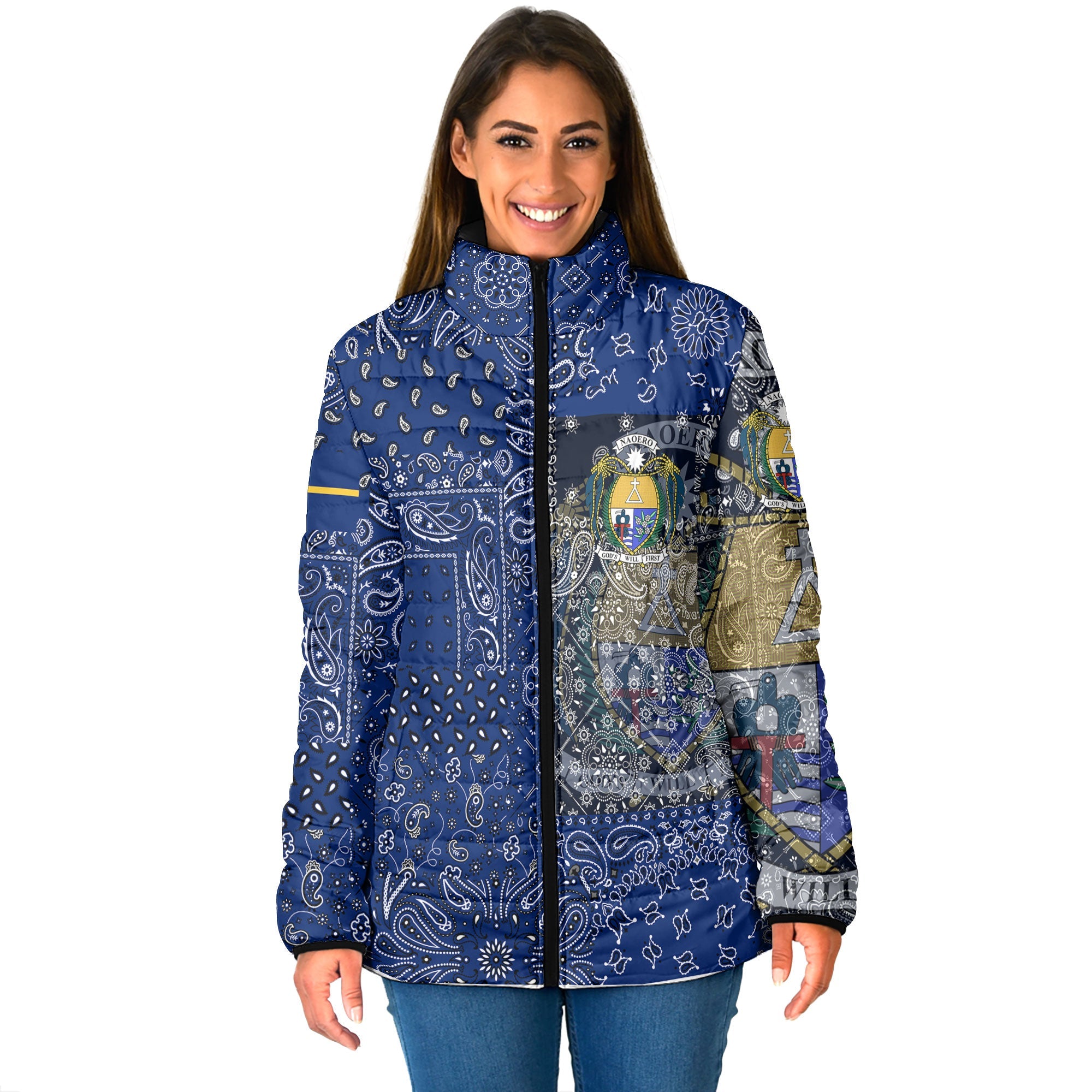 Nauru Women Padded Jacket Paisley Flag And Skull Style 1