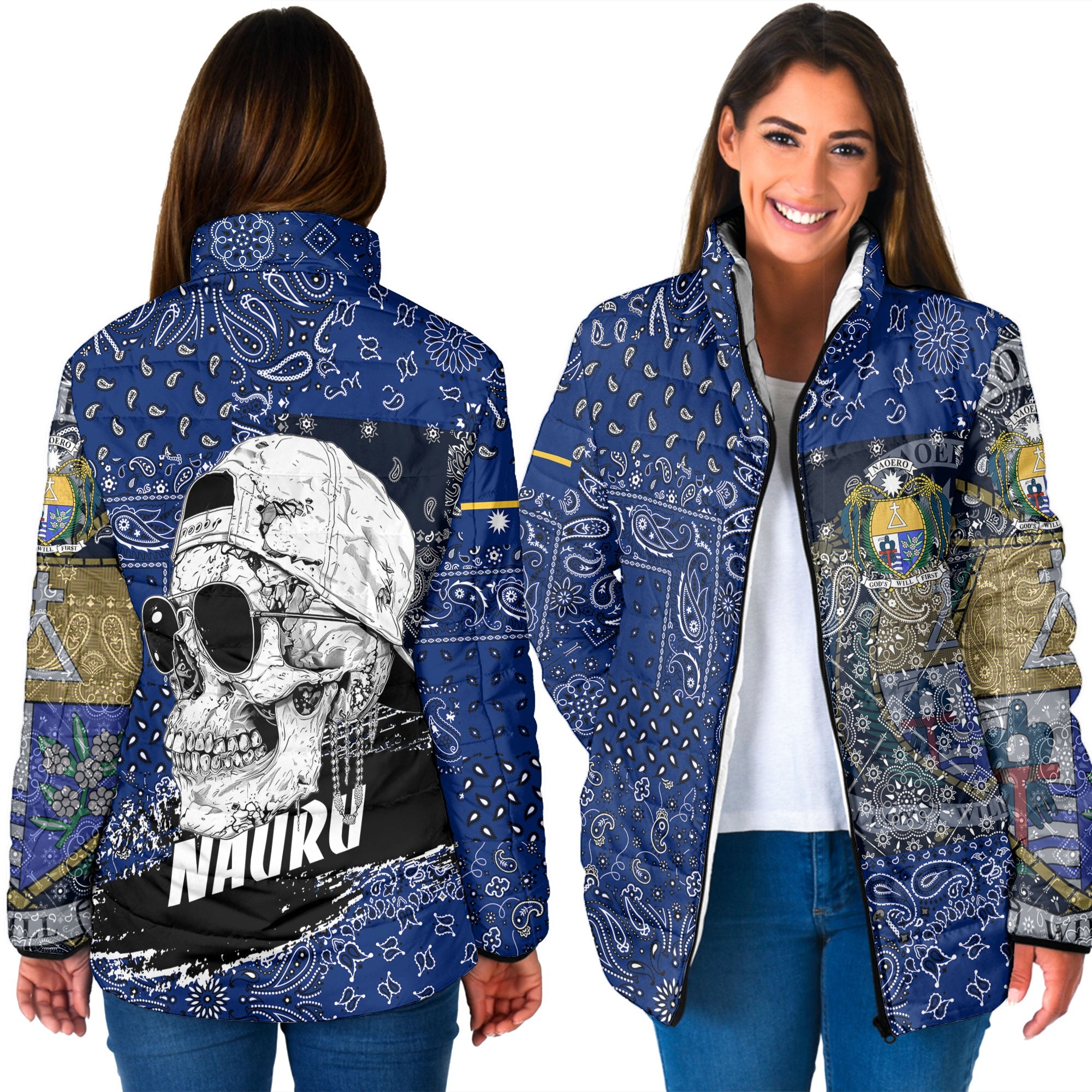 Nauru Women Padded Jacket Paisley Flag And Skull Style 3