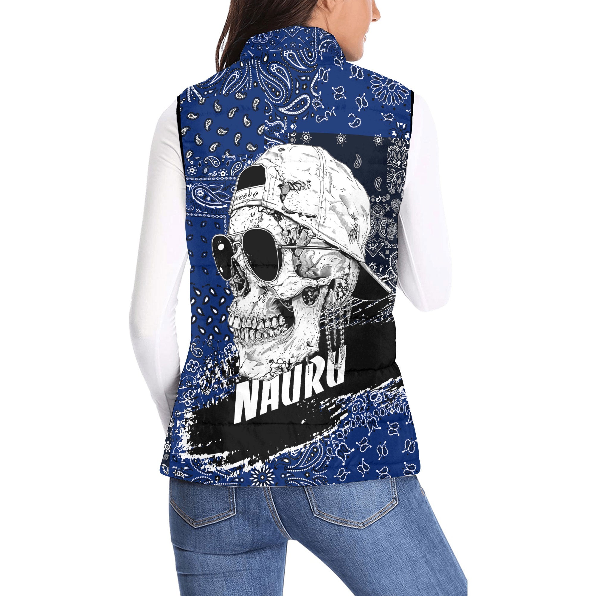 Nauru Women Padded Jacket Vest Paisley Flag And Skull Style 2