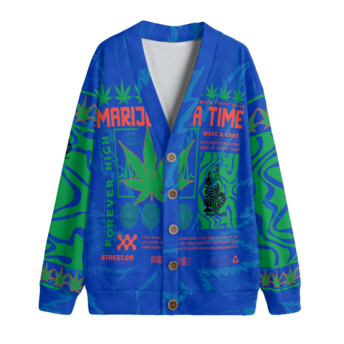 New Caledonia Fleece Cardigan Flag & Coat Of Arms Marijuanas Style