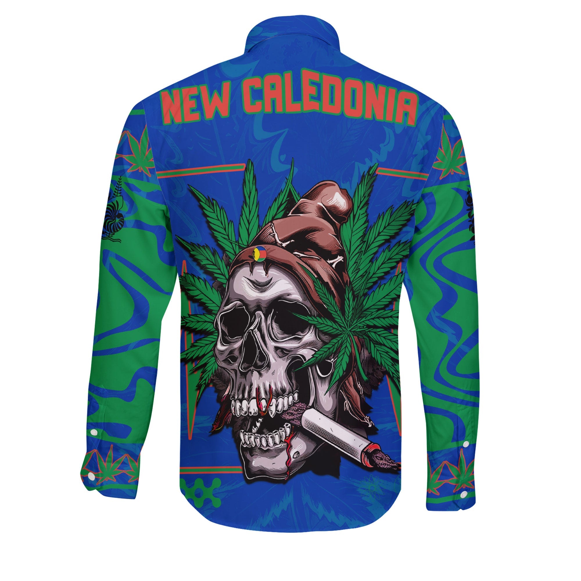 New Caledonia Long Sleeve Button Shirt Flag & Coat Of Arms Marijuanas Style