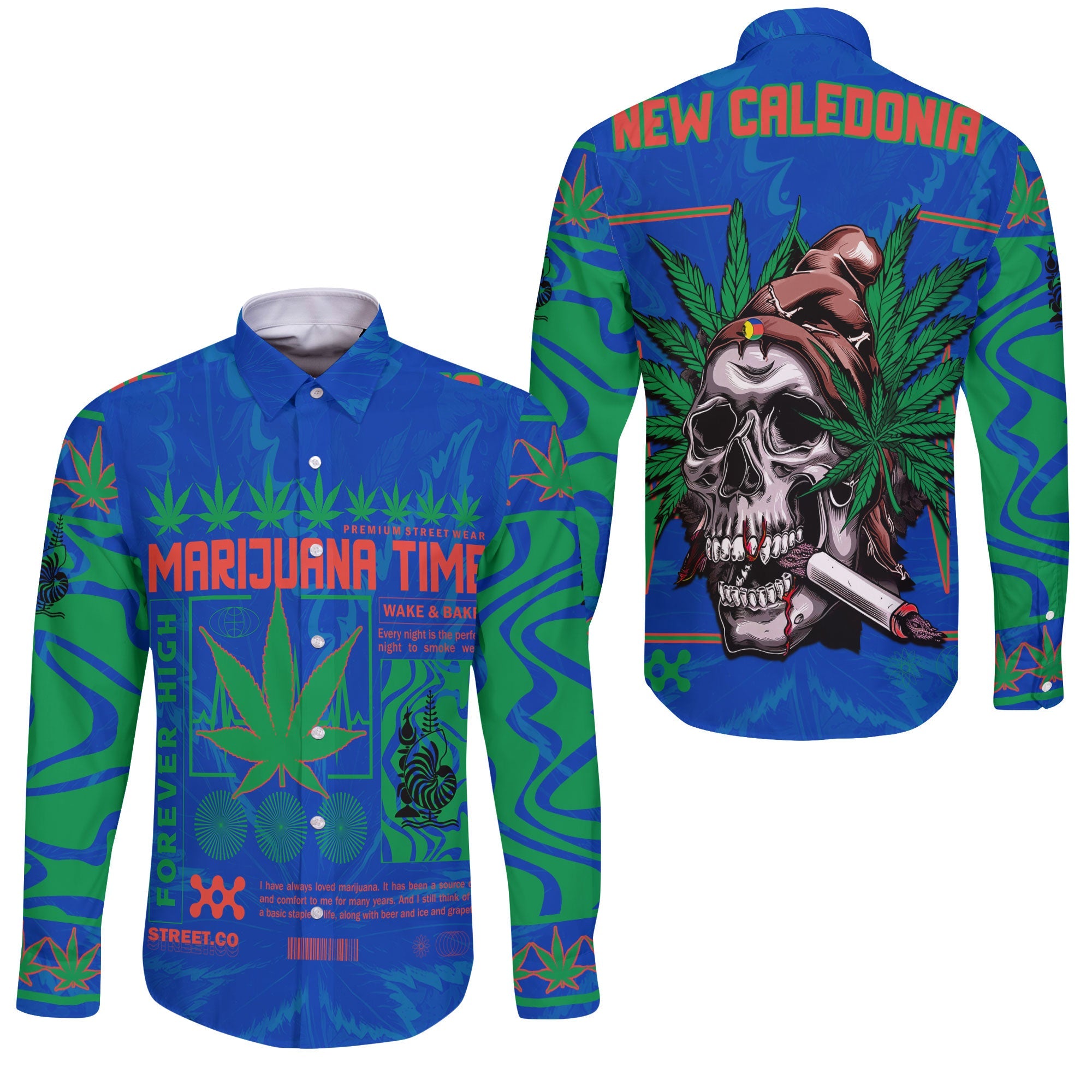 New Caledonia Long Sleeve Button Shirt Flag & Coat Of Arms Marijuanas Style