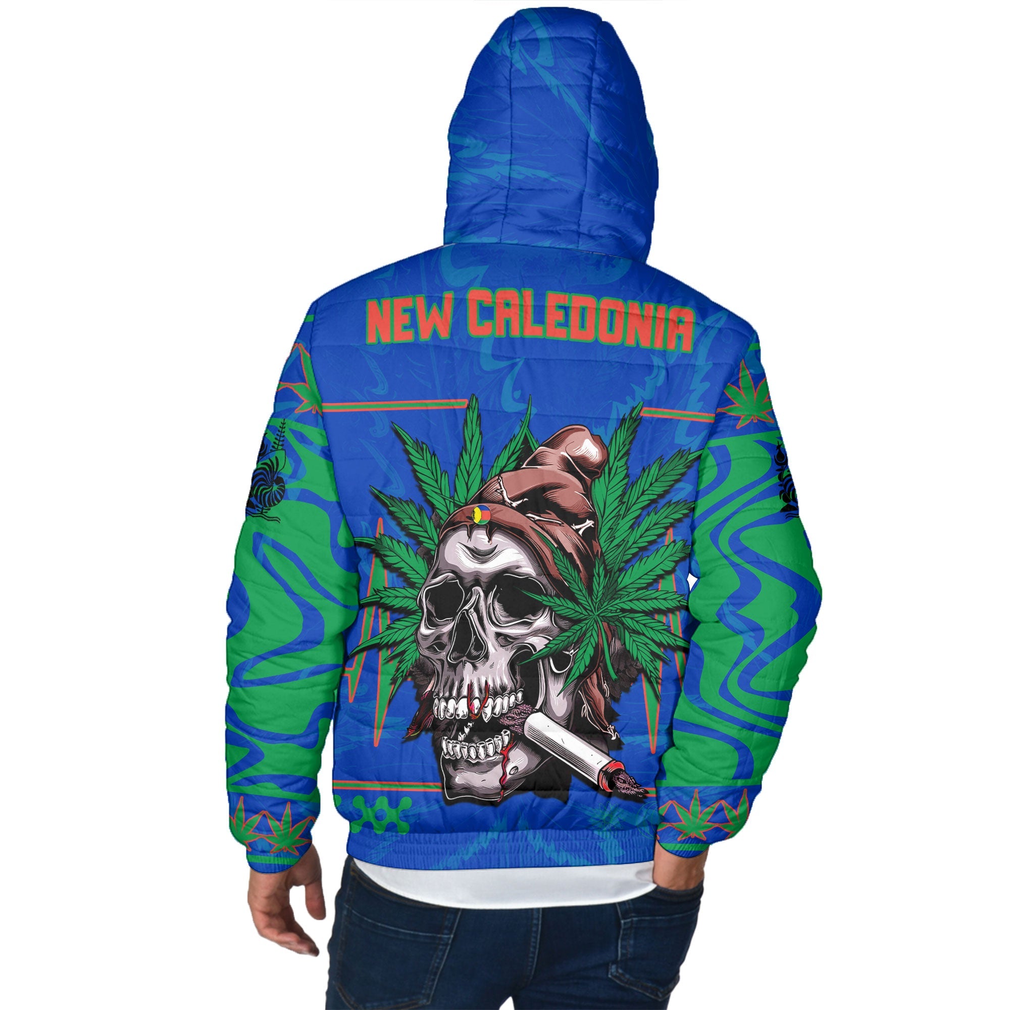 New Caledonia Men Hooded Padded Jacket Flag & Coat Of Arms Marijuanas Style