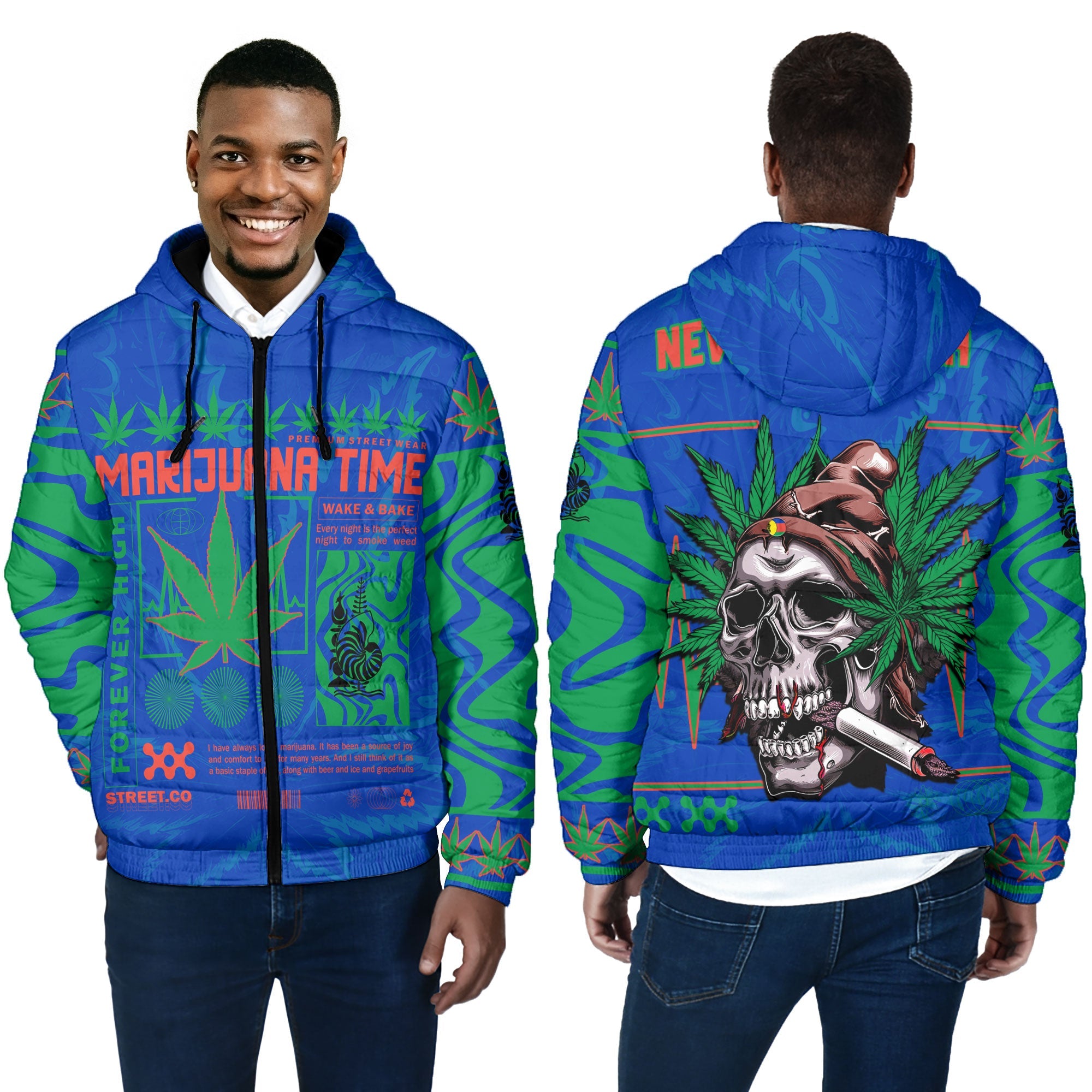 New Caledonia Men Hooded Padded Jacket Flag & Coat Of Arms Marijuanas Style