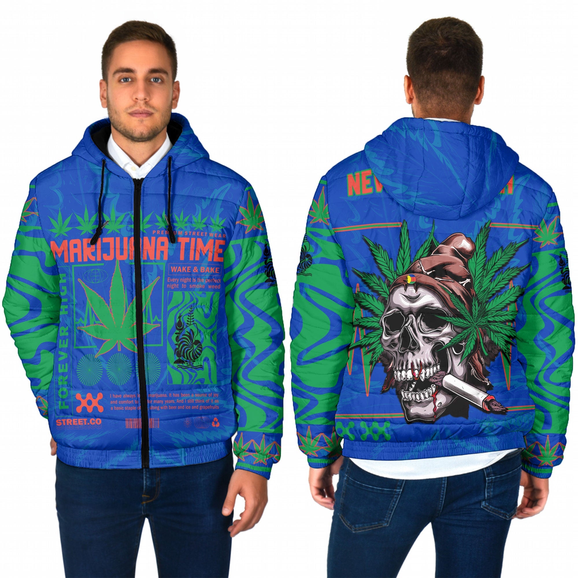 New Caledonia Men Hooded Padded Jacket Flag & Coat Of Arms Marijuanas Style