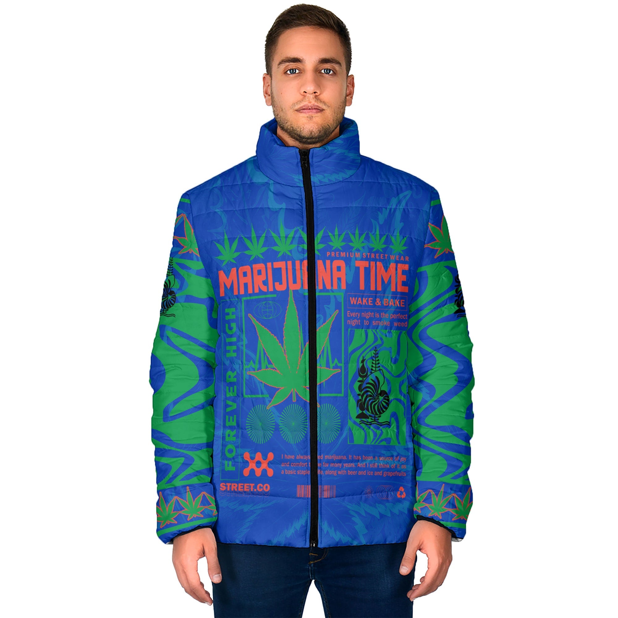 New Caledonia Men Padded Jacket Flag & Coat Of Arms Marijuanas Style