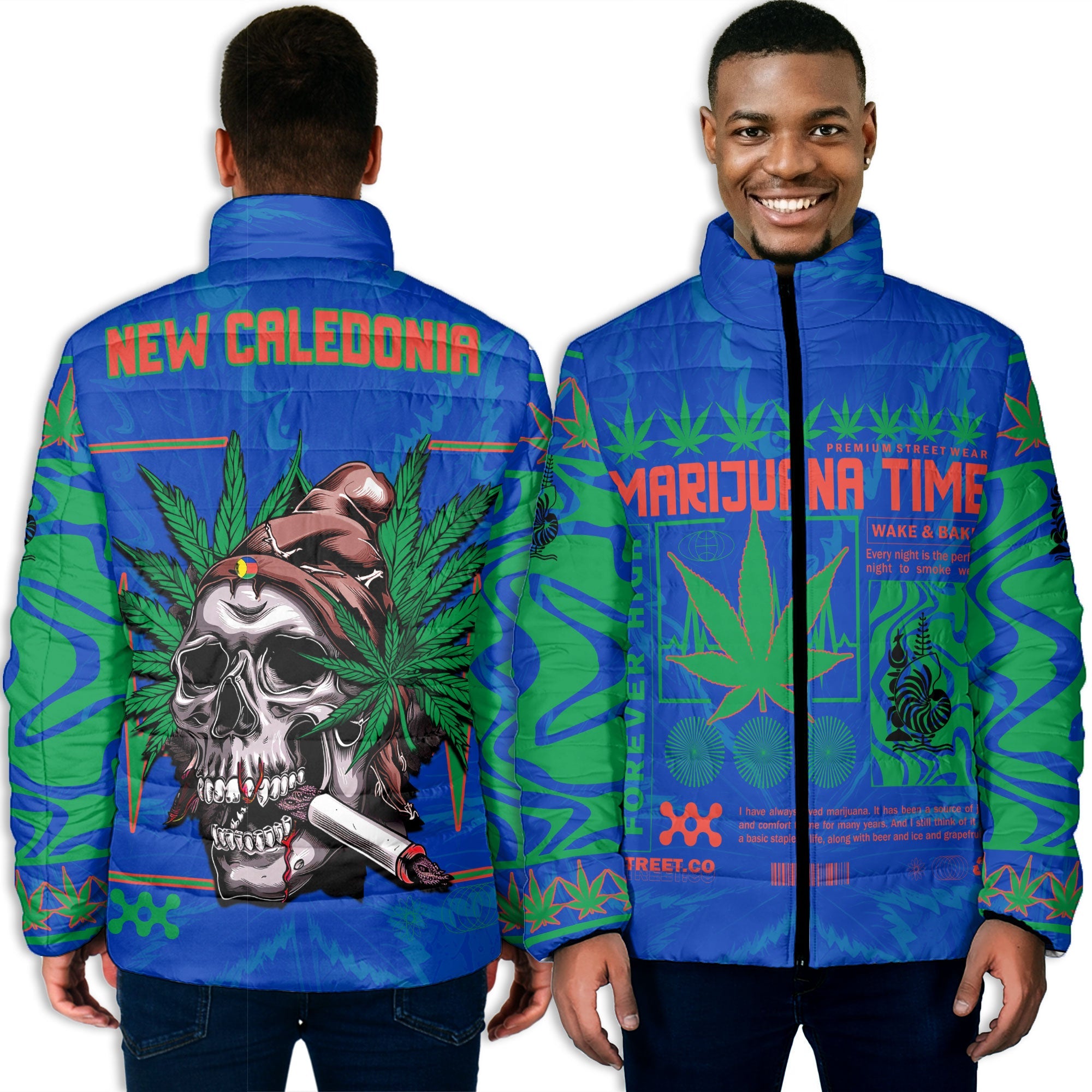 New Caledonia Men Padded Jacket Flag & Coat Of Arms Marijuanas Style