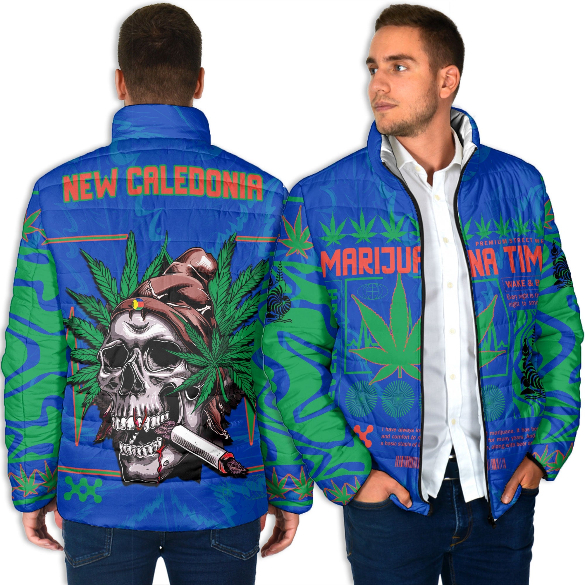 New Caledonia Men Padded Jacket Flag & Coat Of Arms Marijuanas Style