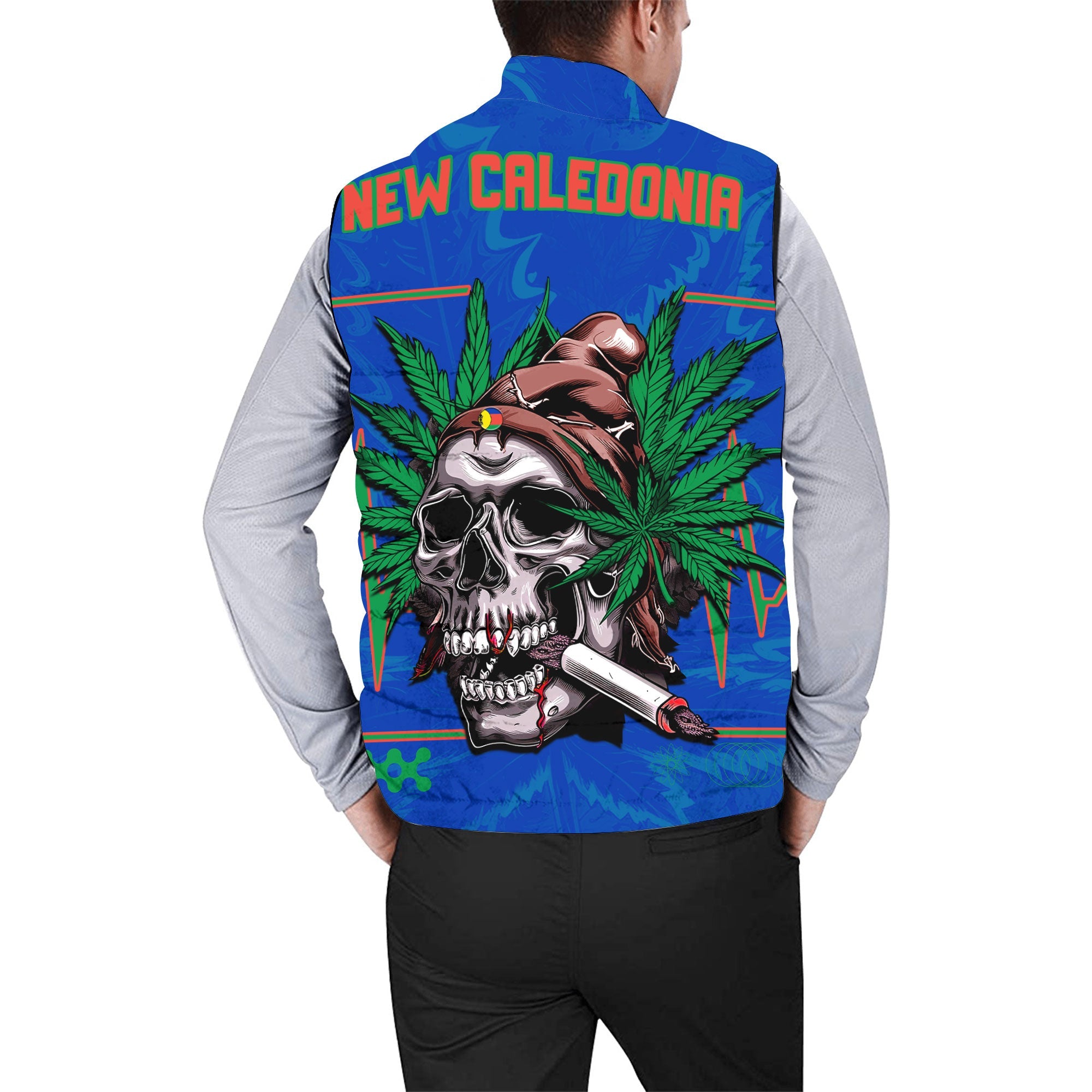 New Caledonia Men Padded Jacket Vest Flag & Coat Of Arms Marijuanas Style