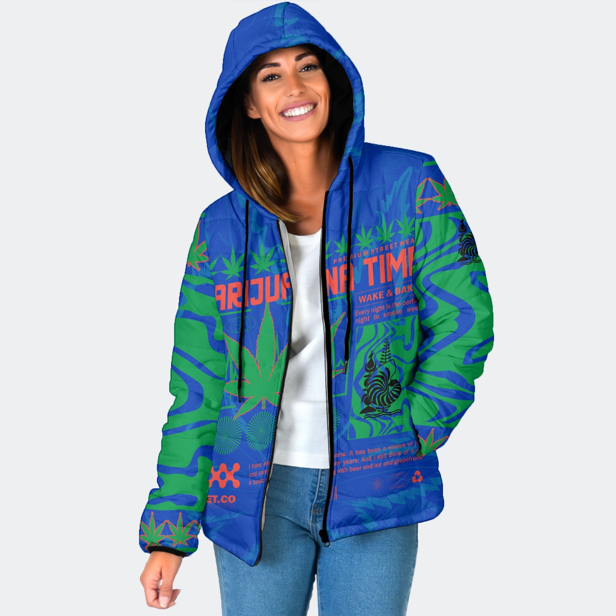 New Caledonia Women Hooded Padded Jacket Flag & Coat Of Arms Marijuanas Style