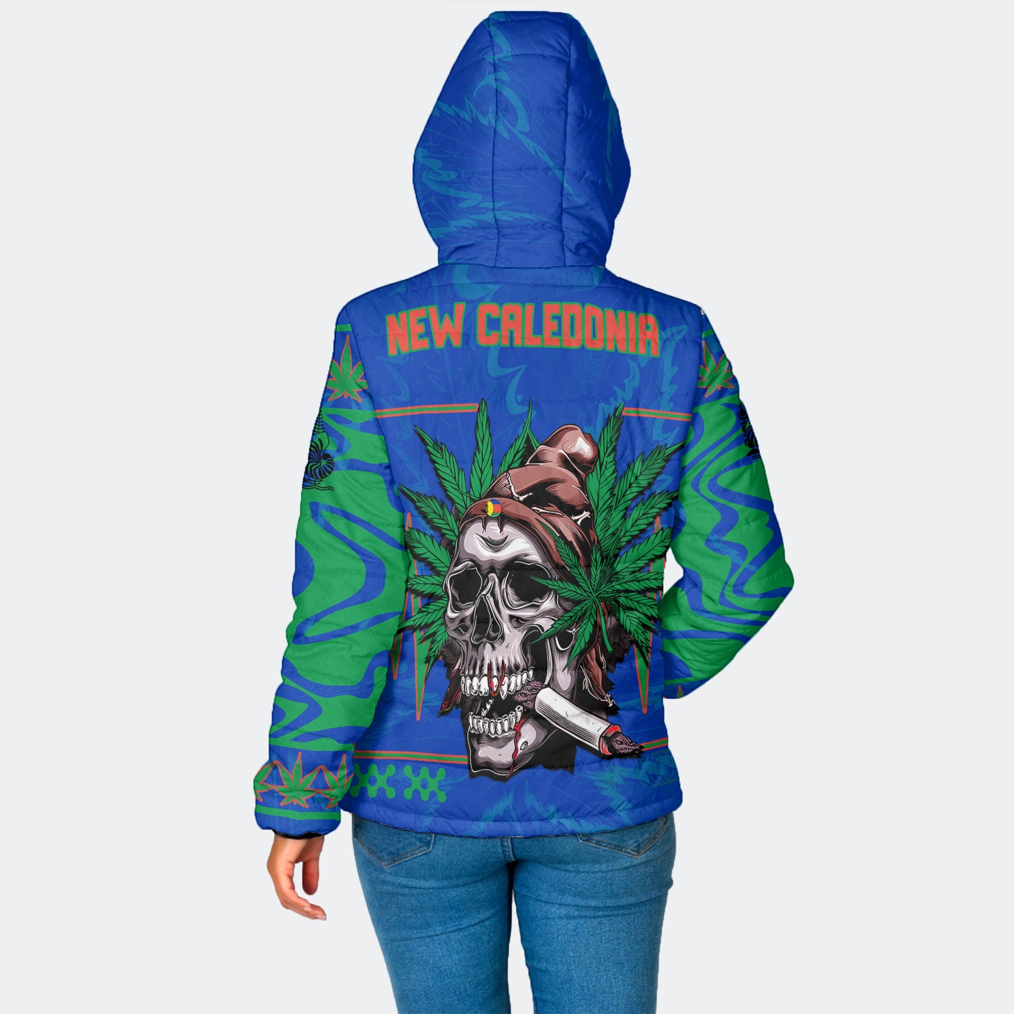 New Caledonia Women Hooded Padded Jacket Flag & Coat Of Arms Marijuanas Style