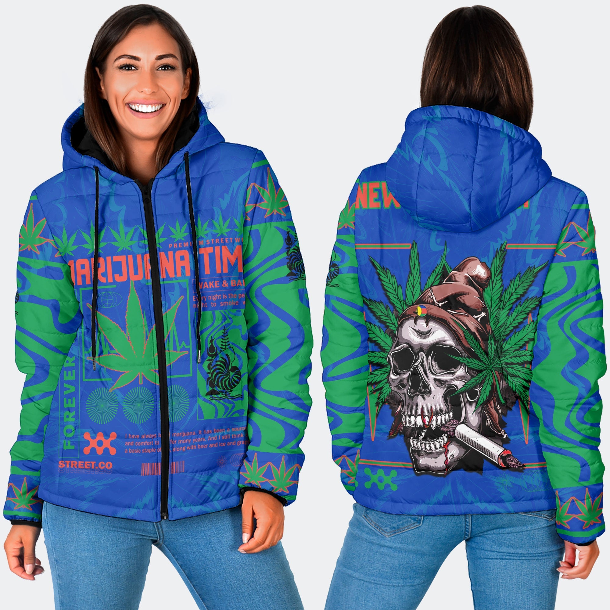 New Caledonia Women Hooded Padded Jacket Flag & Coat Of Arms Marijuanas Style