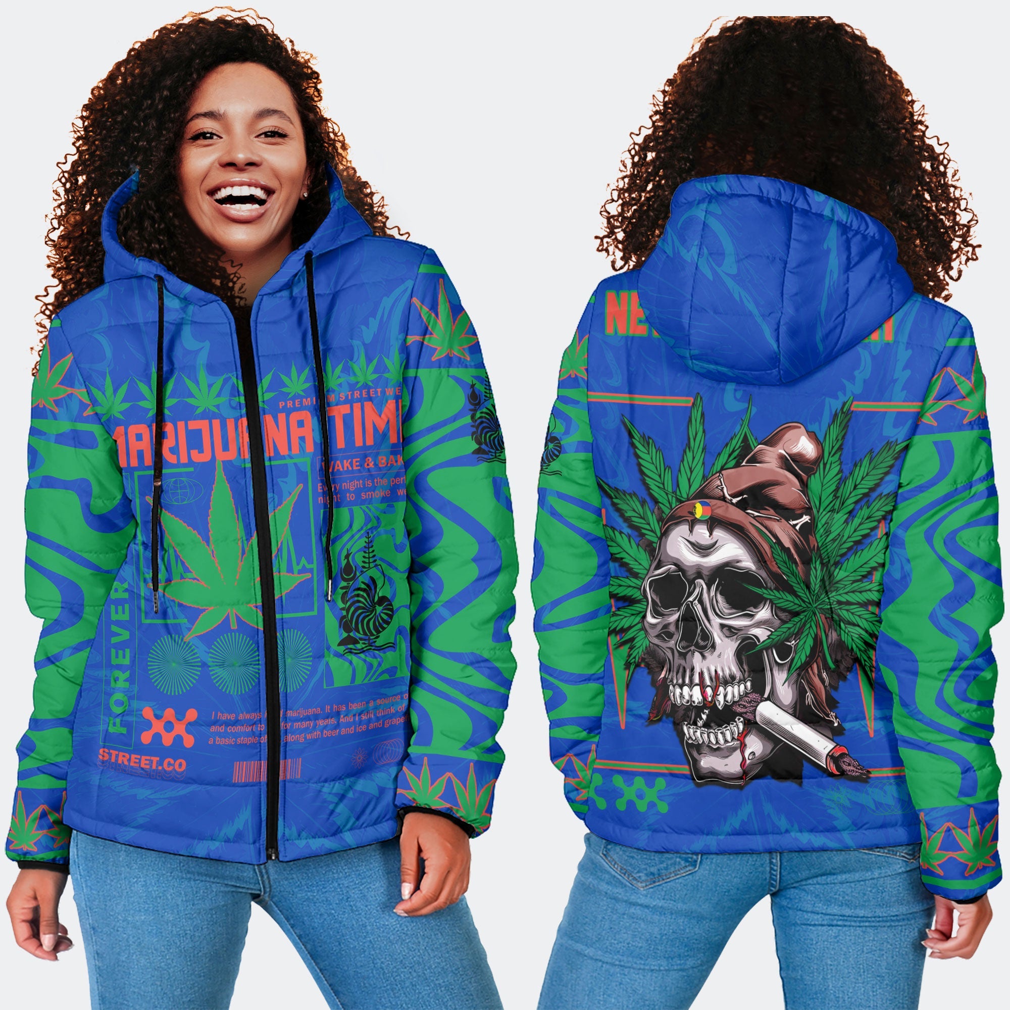 New Caledonia Women Hooded Padded Jacket Flag & Coat Of Arms Marijuanas Style