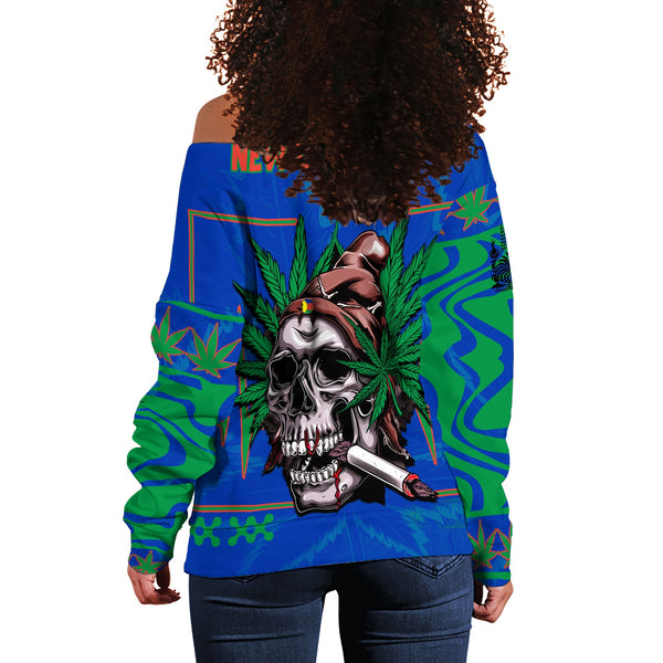 New Caledonia Women Off Shoulder Sweatshirt Flag & Coat Of Arms Marijuanas Style