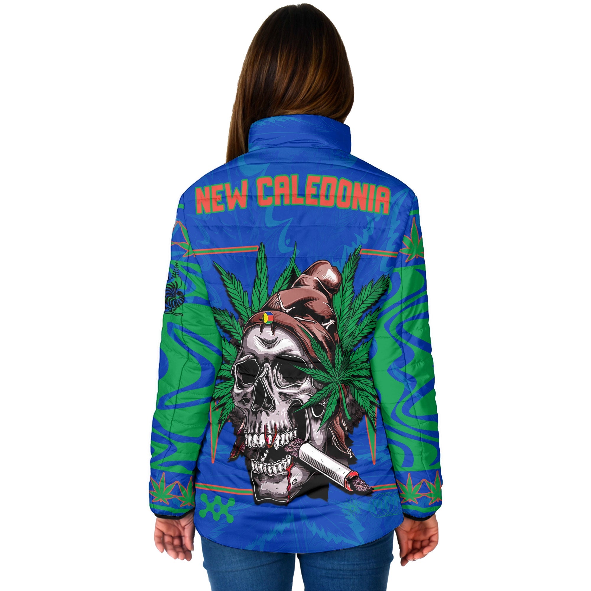 New Caledonia Women Padded Jacket Flag & Coat Of Arms Marijuanas Style