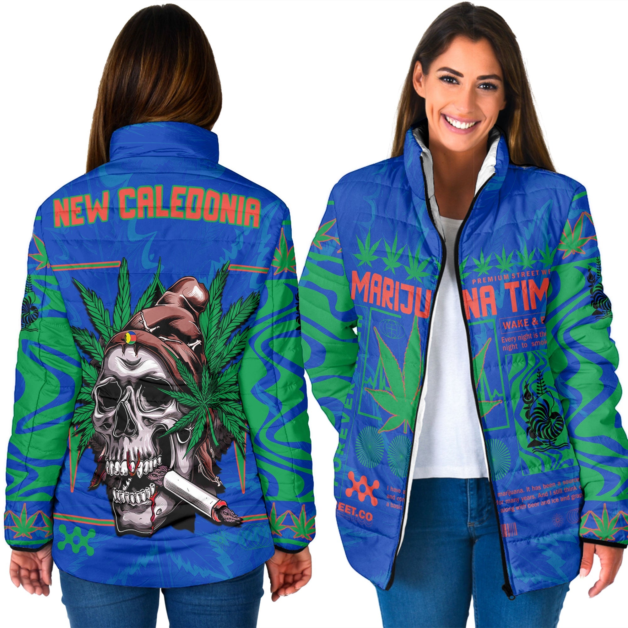 New Caledonia Women Padded Jacket Flag & Coat Of Arms Marijuanas Style