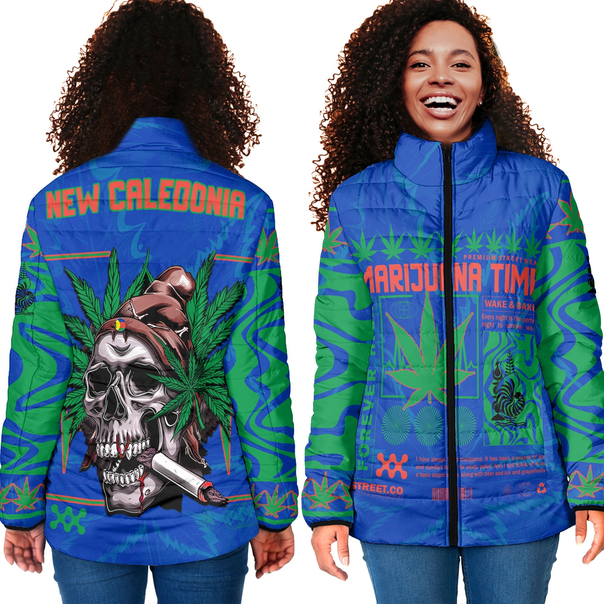 New Caledonia Women Padded Jacket Flag & Coat Of Arms Marijuanas Style