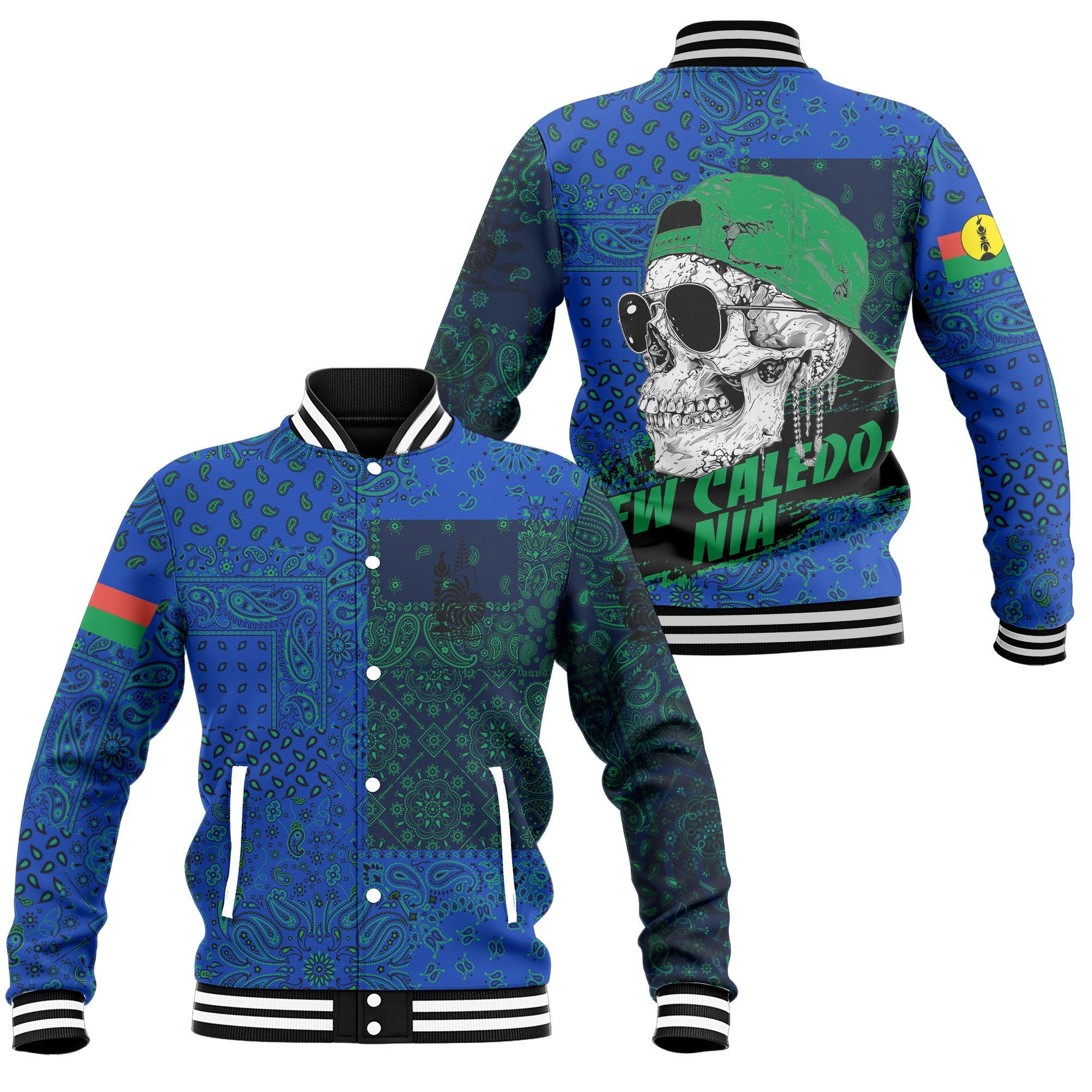 New Caledonia Baseball Jacket Paisley Flag And Skull Style 1