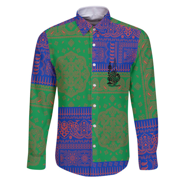 New Caledonia Long Sleeve Button Shirt Flag And Paisley Basic Style 1