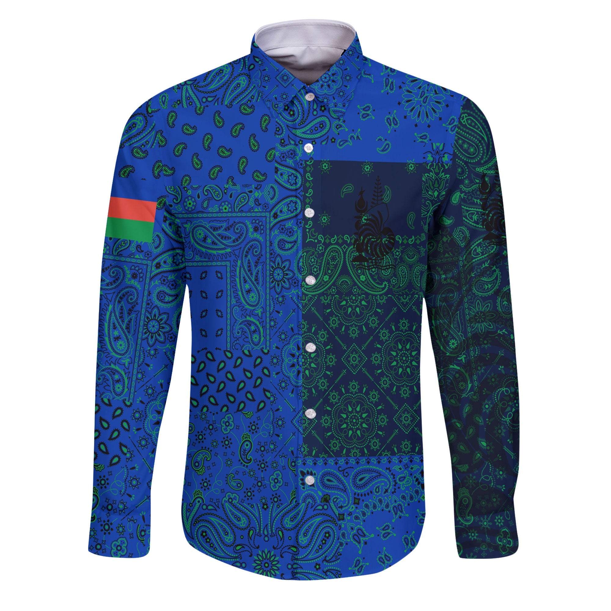 New Caledonia Long Sleeve Button Shirt Paisley Flag And Skull Style 1