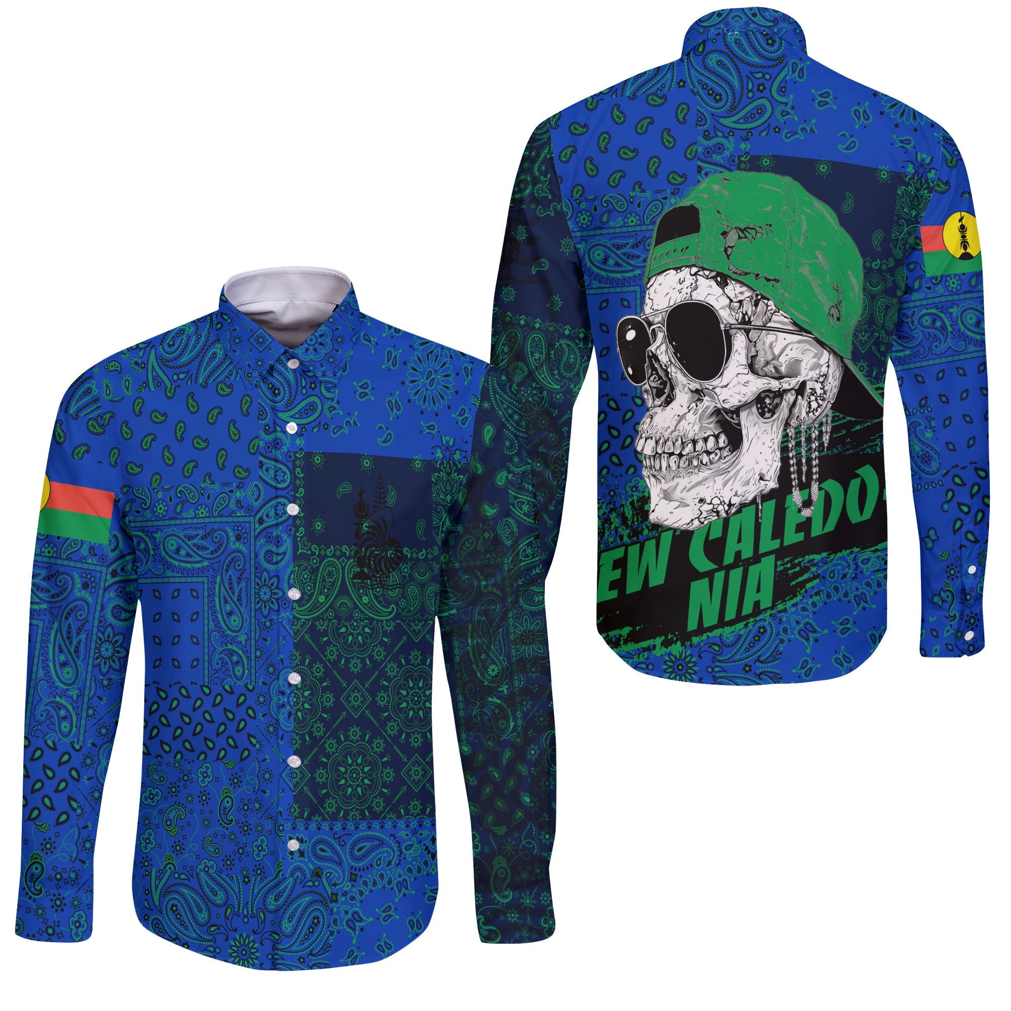 New Caledonia Long Sleeve Button Shirt Paisley Flag And Skull Style 3