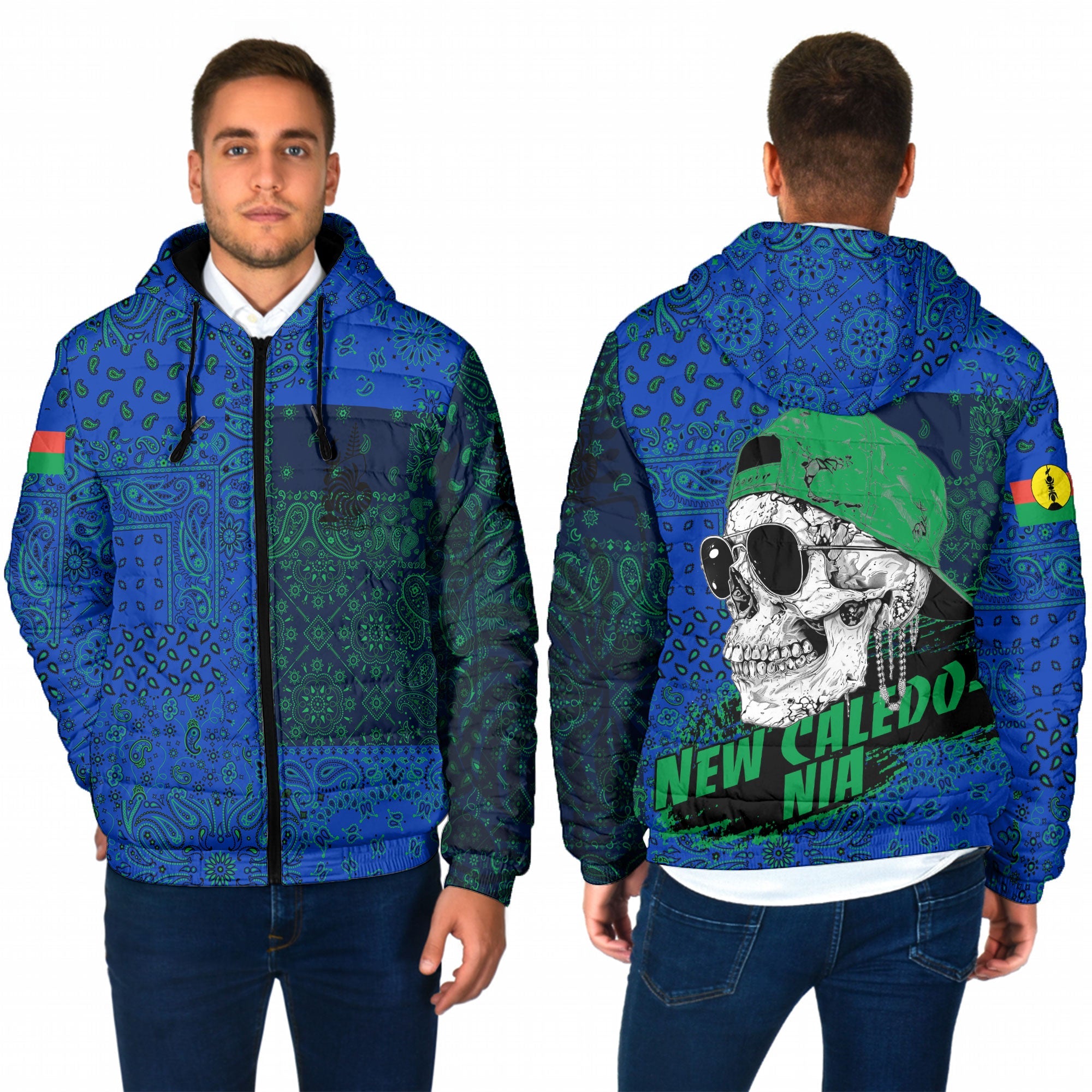 New Caledonia Men Hooded Padded Jacket Paisley Flag And Skull Style 1