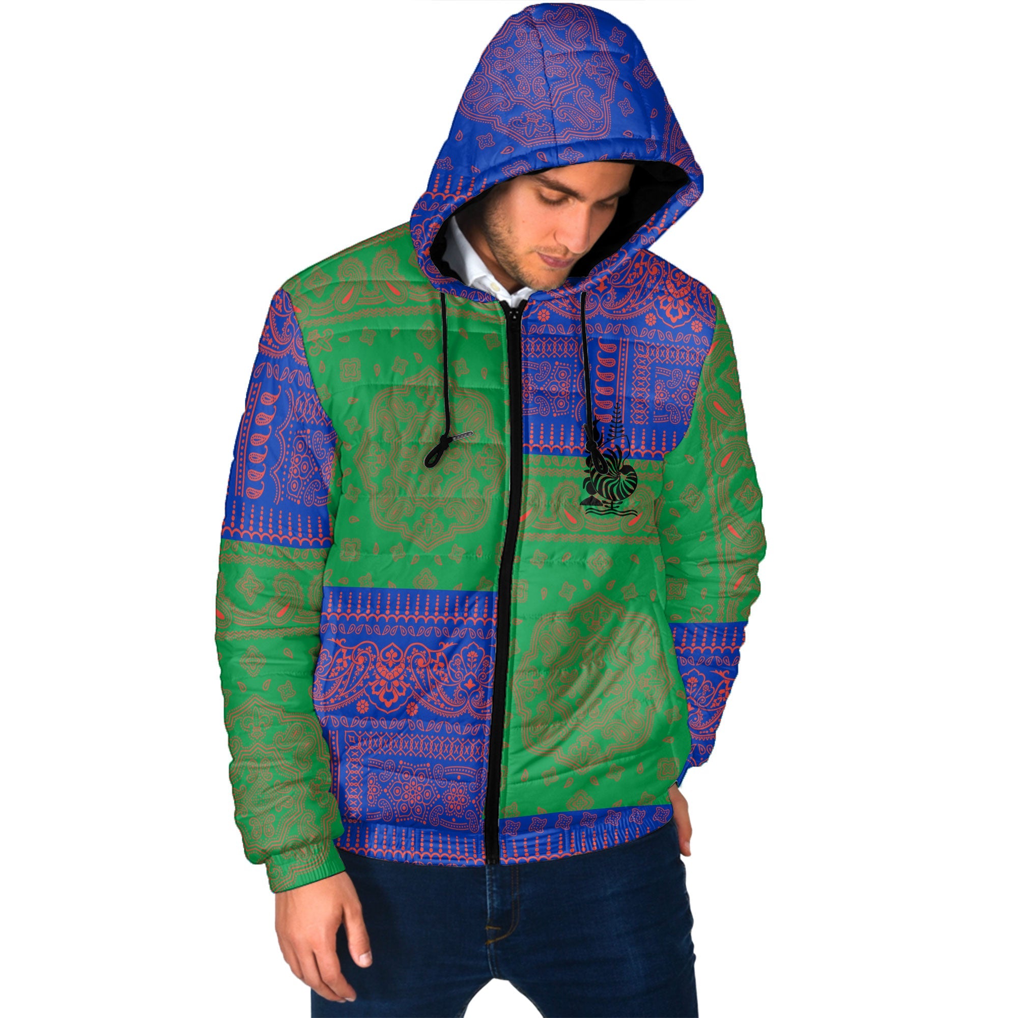 New Caledonia Men Hooded Padded Jacket Flag And Paisley Basic Style 2